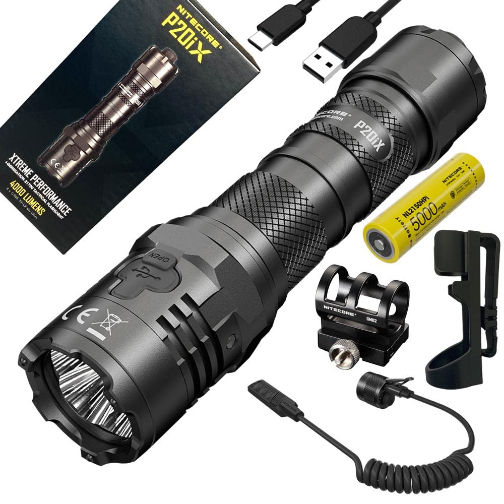 Nitecore P20iX 4000 Lumens USB-C Rechargeable LED Flashlight with Holster, GM02 Mount, RSW2i Remote Switch & Battery - Tactical Flashlight for Camping, Hunting, Emergency & Outdoor Adventures