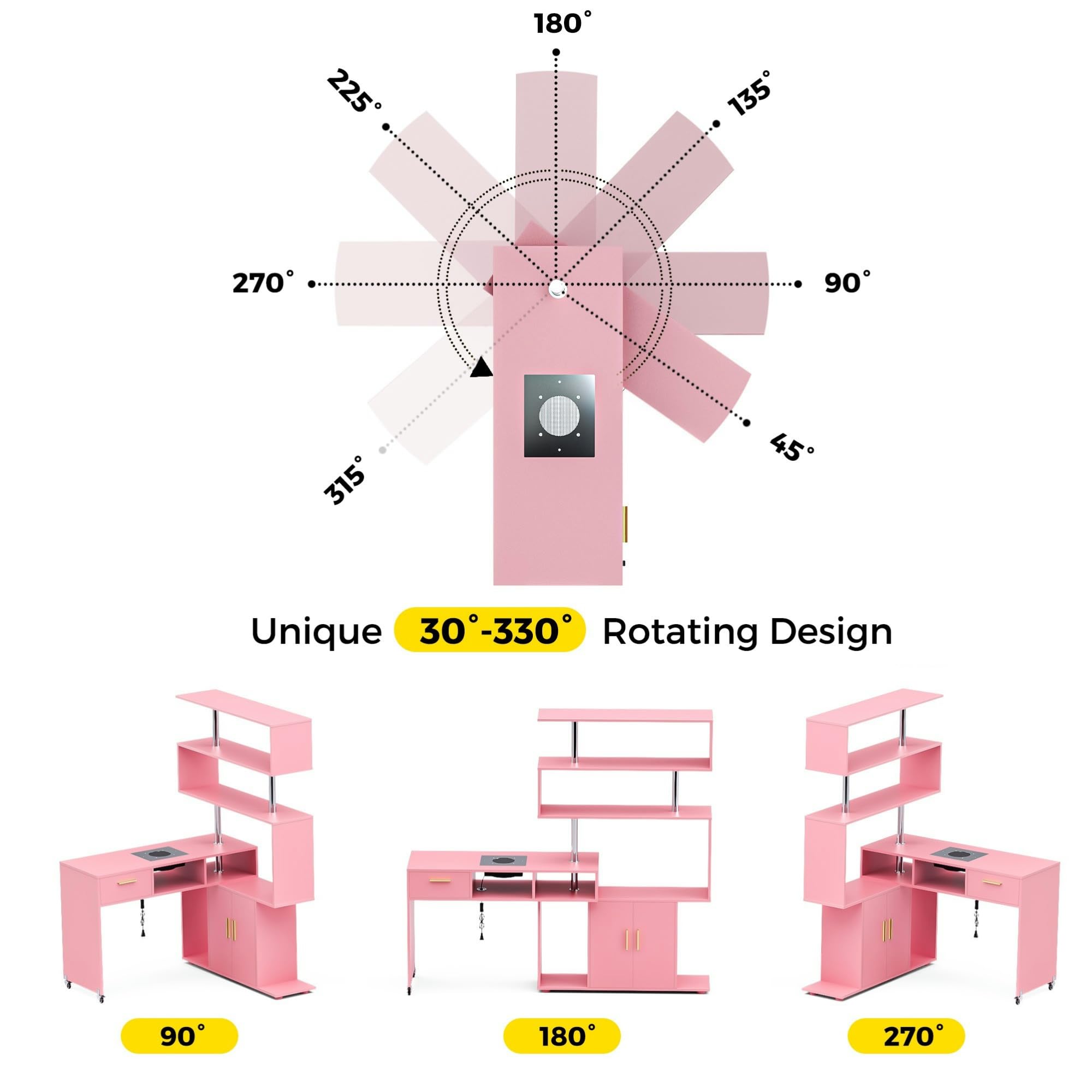 Professional L-Shaped Nail Tech Desk with Dust Collector - Manicure Table with Stool, 2-Way Drawers, Storage Cabinet & Shelves, Mobile Rotating Workstation for Salon & Home Use (Pink) - Perfect for Nail Artists, Beauty Technicians & DIY Enthusiasts