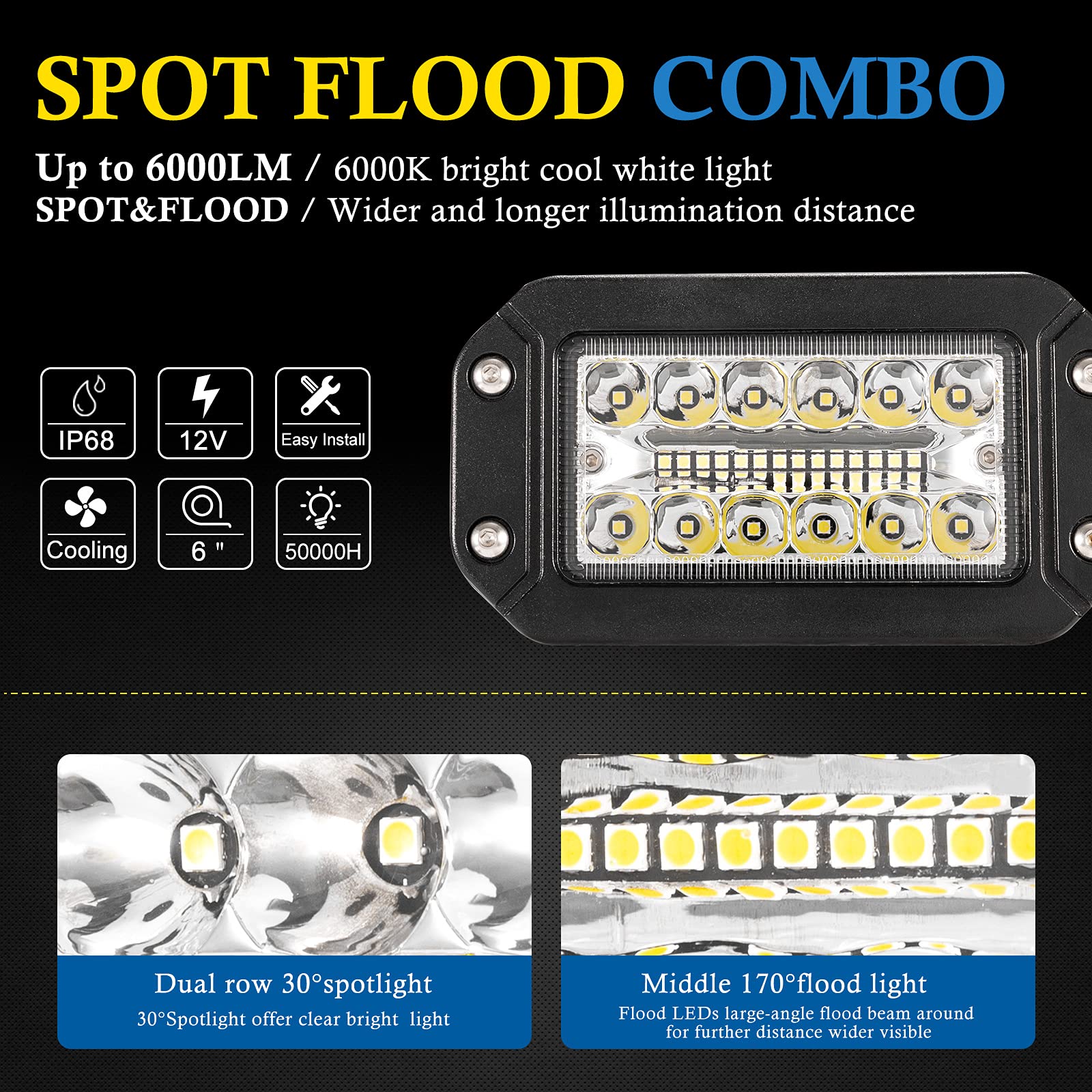 BUNKER INDUST 2Pcs 6 Inch Flush Mount LED Pod Lights + 2Pcs 5 Inch Flush Mount LED Work Lights - Waterproof Off-Road Lighting for Trucks, Jeeps, ATVs & Marine Boats