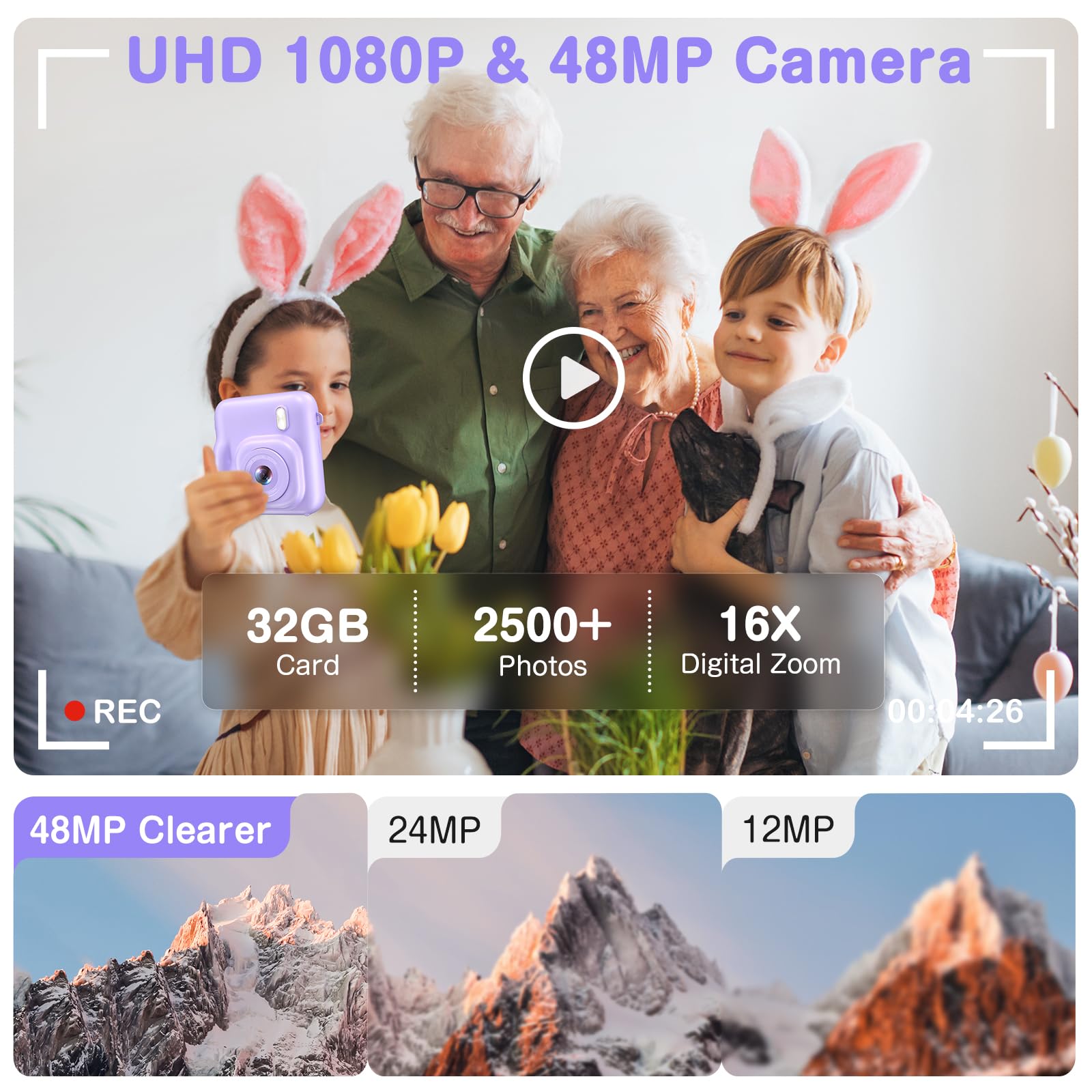 **48MP Kids Instant Print Camera with Dual Lens - 1080P Selfie Digital Camera for Boys & Girls, Includes 32GB Card - Perfect Christmas & Birthday Gift (Purple) - Fun for Travel, Parties & Creative Play**