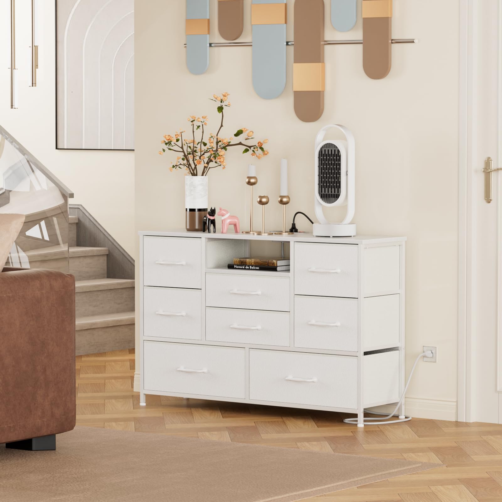 Modern White Dresser with Power Outlet - 8-Drawer Storage Chest for Bedroom, Living Room, Entryway & Hallway - Perfect TV Stand for 55