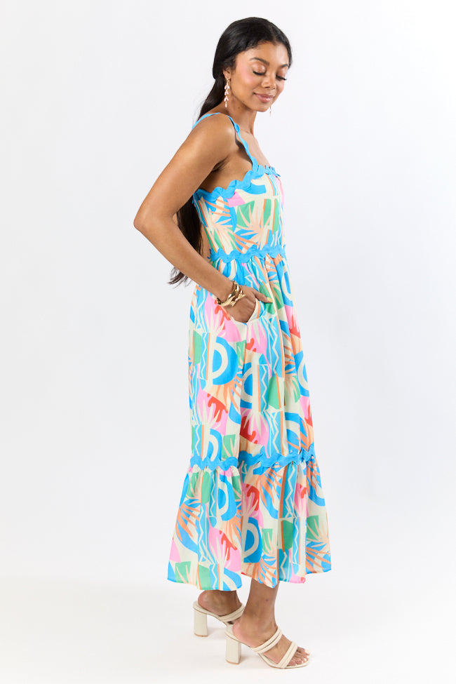 Tropical Tango Floral Print Midi Dress with Rick Rack Trim - Women's Summer Boho Dress for Beach Vacation & Date Night
