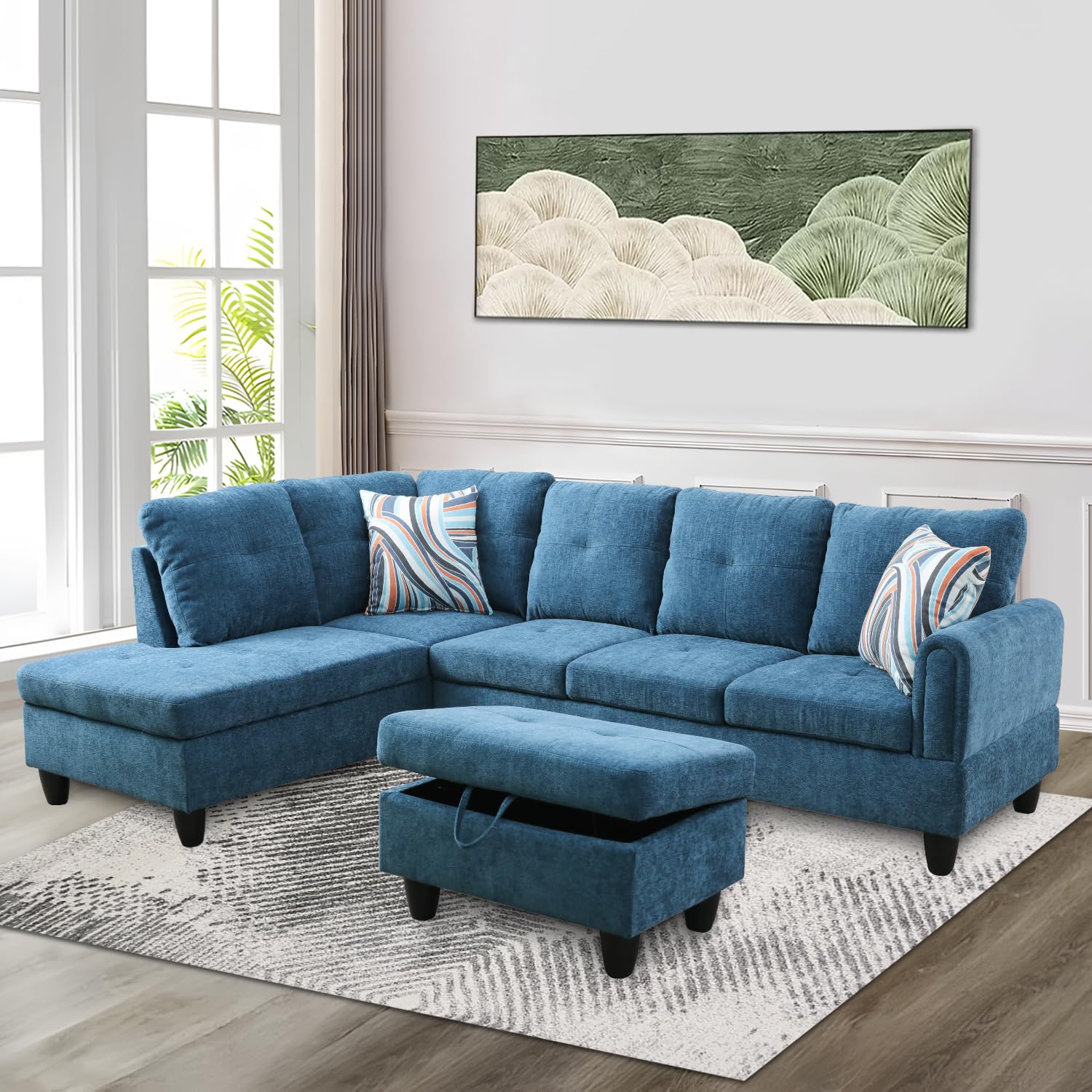 Plithzy L-Shaped Sectional Sofa with Storage Ottoman & Chaise - Flannel Fabric Living Room Couch Set for Small Spaces - Blue Left-Facing Sofa | Perfect for Apartments, Condos & Cozy Home Decor