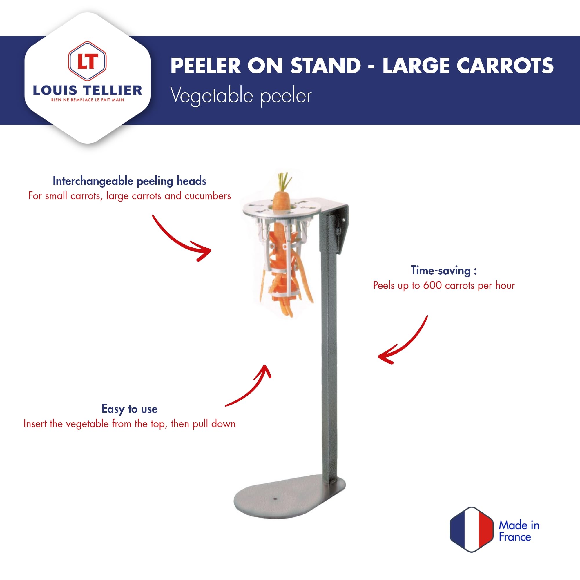 LOUIS TELLIER Professional Carrot Peeler with Stand - Heavy Duty Stainless Steel Blade for Large Carrots up to 2.4