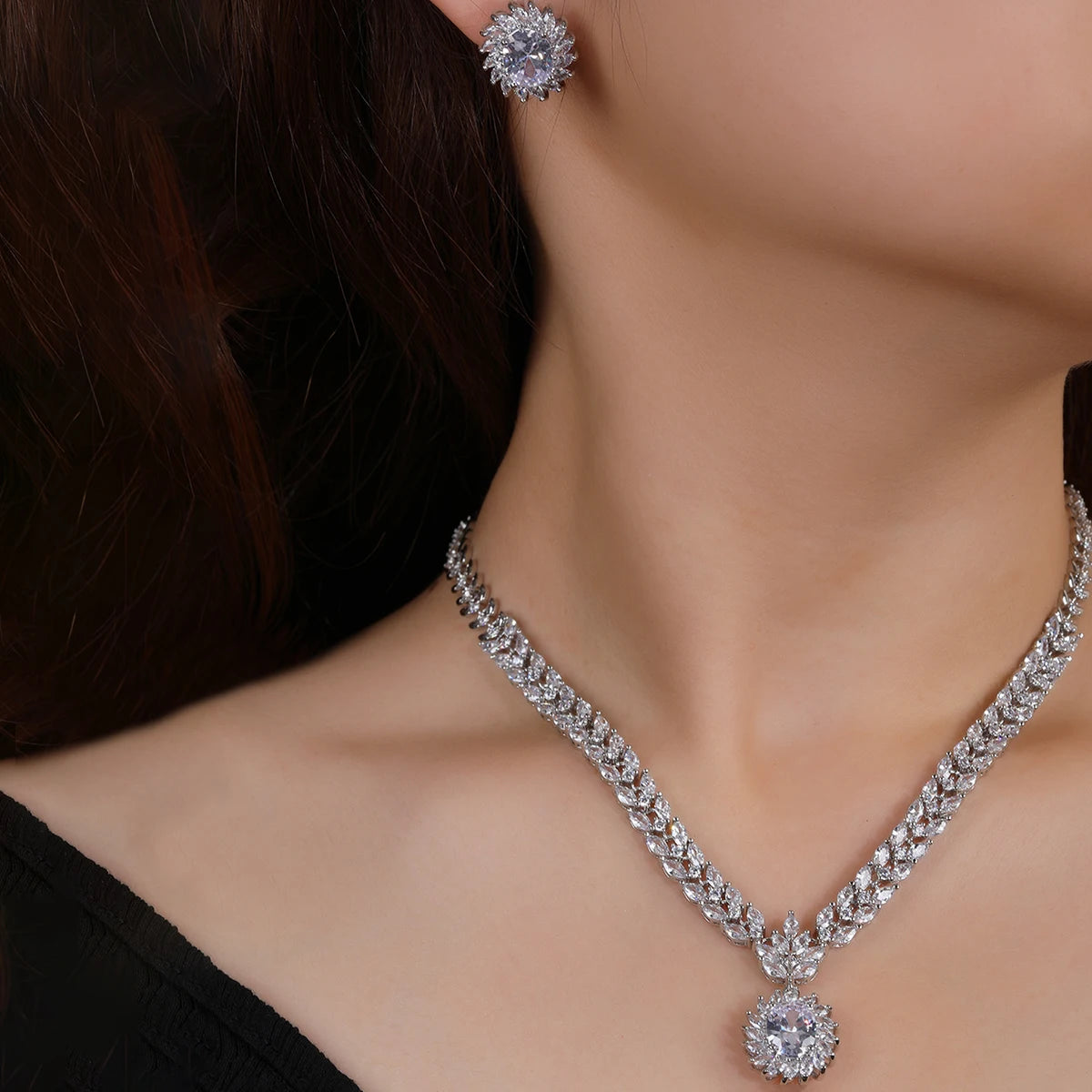 Elegant CZ Necklace and Earrings Jewelry Set - Bridal Wedding Party Jewelry - European Style Fashion Accessories for Women - Perfect for Weddings, Prom, Evening Dresses and Special Occasions