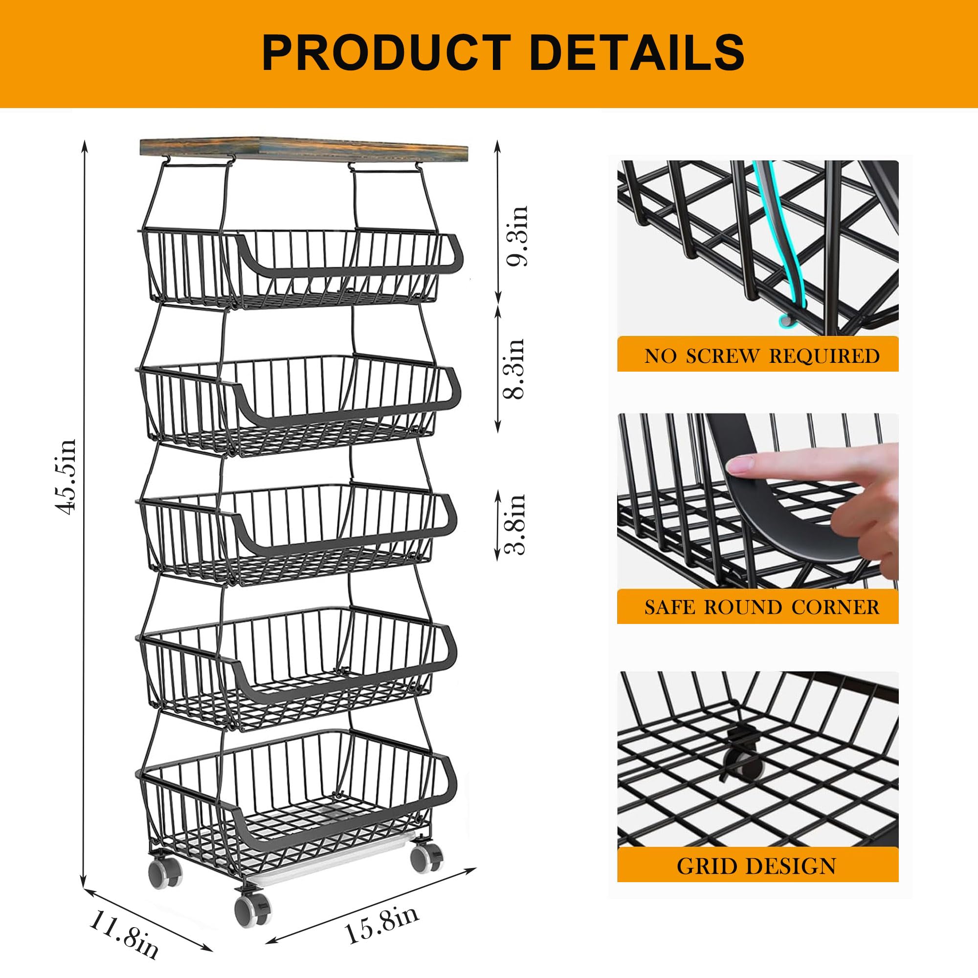BEEY 6-Tier Kitchen Storage Cart with Rolling Wheels & Wood Tabletop - Stackable Fruit & Vegetable Basket Organizer for Pantry, Bathroom, Garage - Perfect for Home, Office, and Commercial Use