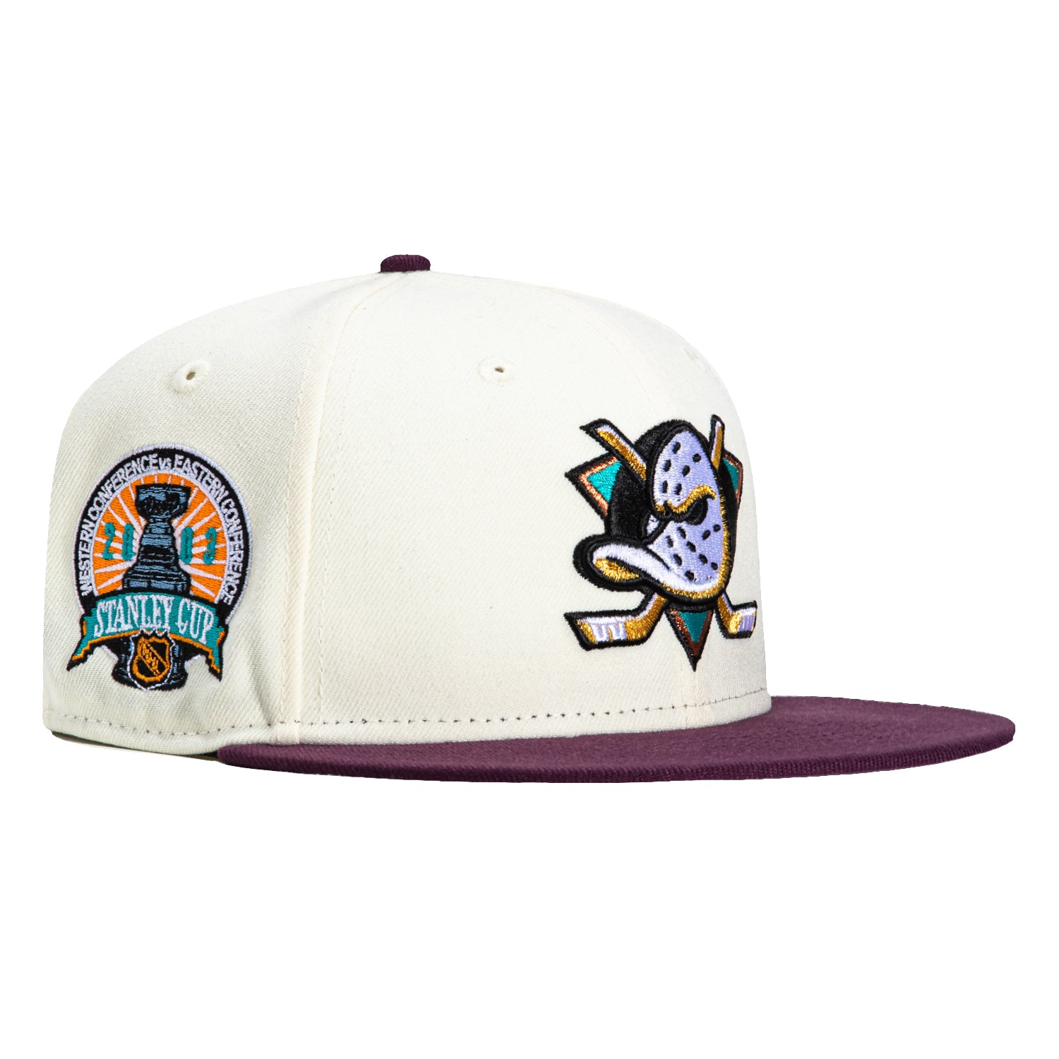 New Era 59Fifty Anaheim Ducks 2003 Stanley Cup Patch Hat - White & Maroon Snapback Cap for Hockey Fans & Sports Enthusiasts | Perfect for Games, Tailgating & Collecting