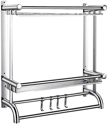 Stainless Steel 3-Tier Wall Mounted Bathroom Shelf with Towel Rail & Hooks - Space Saving Double Layer Storage for Towels, Toiletries & Bathroom Essentials - Perfect for Small Bathrooms, Apartments & Vanity Organization