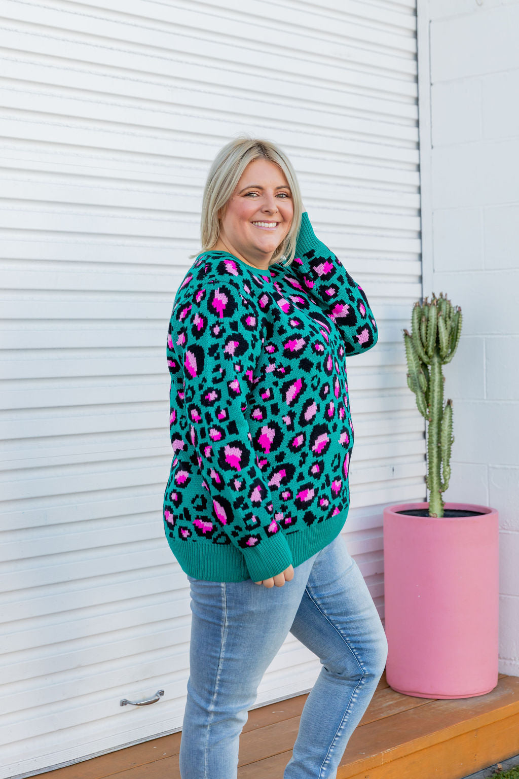 Kasey Rainbow Frankie Knit Sweater - Green Leopard Print Women's Pullover | Cozy Winter Fashion for Casual Outings & Holiday Gatherings