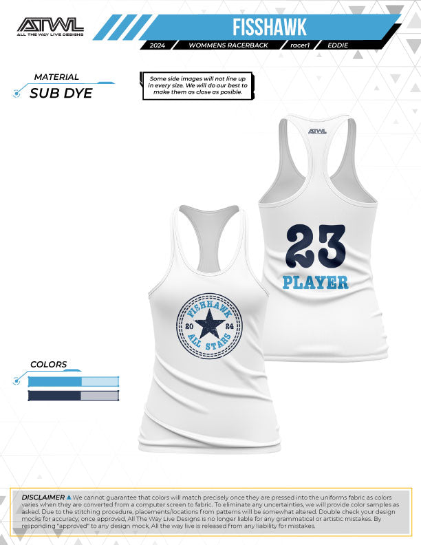 Fishhawk All Stars Sublimated Dye Women's Racerback Tank Top - Gym Workout, Yoga & Running Athletic Wear