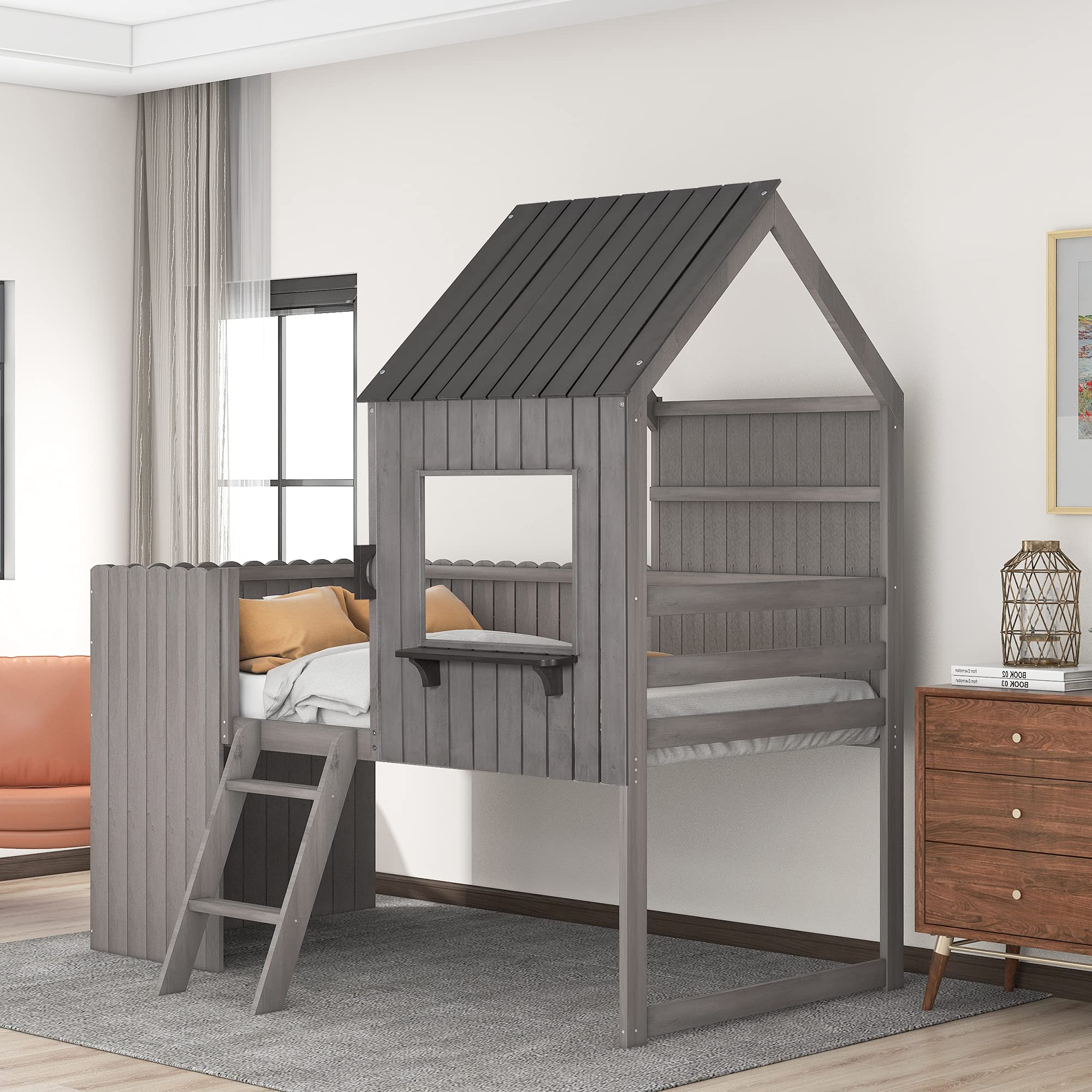 **Antique Gray Twin Loft Bed with Roof, Window & Ladder - Sturdy Wood House Bed Frame for Kids & Teens - Perfect for Small Bedrooms, Playrooms & Dorm Rooms**