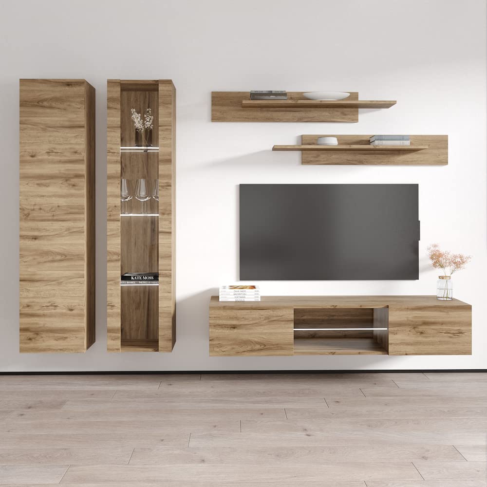 Modern Floating TV Stand with Storage & LED Lights - Wall-Mounted Entertainment Center for Bedroom & Living Room - A4 33TV Console with Shelves - Oak Wood Furniture for Small Spaces & Home Theater Setup