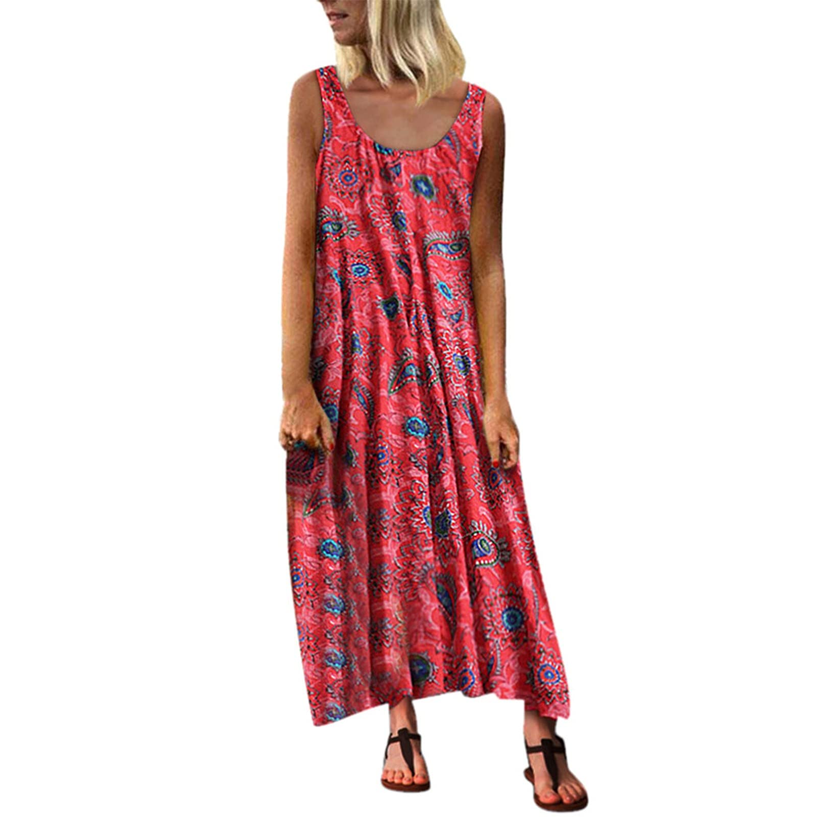 Women's Black Printed Round Neck Long Casual Dress - Loose Beach Holiday Dress for Women | Perfect for Summer Vacations, Beach Outings & Casual Wear