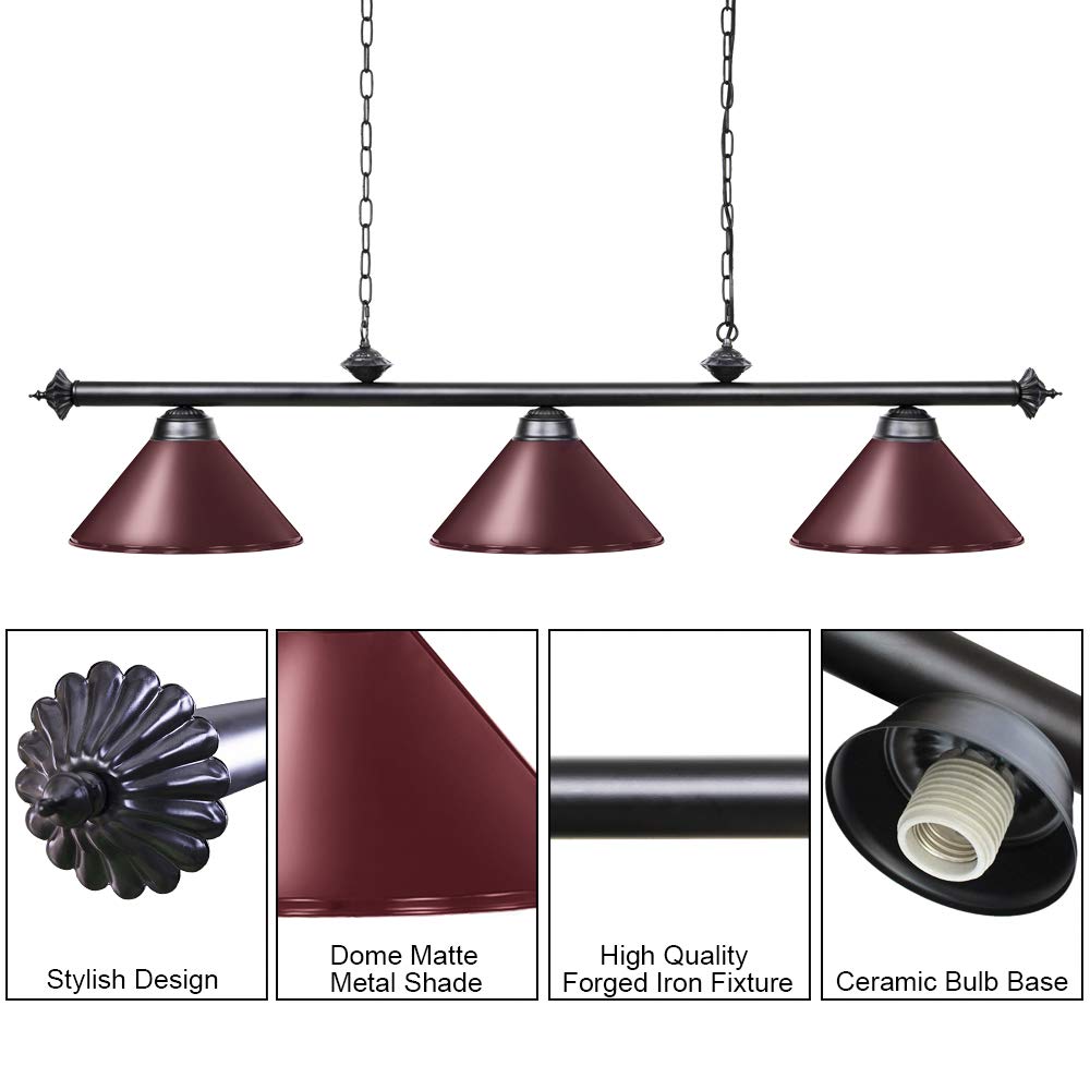 Premium 8'/9' Pool Table Light with 3 Metal Shades - Billiard Lamp for Man Cave & Game Room - Kitchen Island Lighting for Restaurants & Dining Rooms - Burgundy Finish, 59 Inch, 3 Lights - Perfect for Home Bars, Basements & Entertainment Spaces
