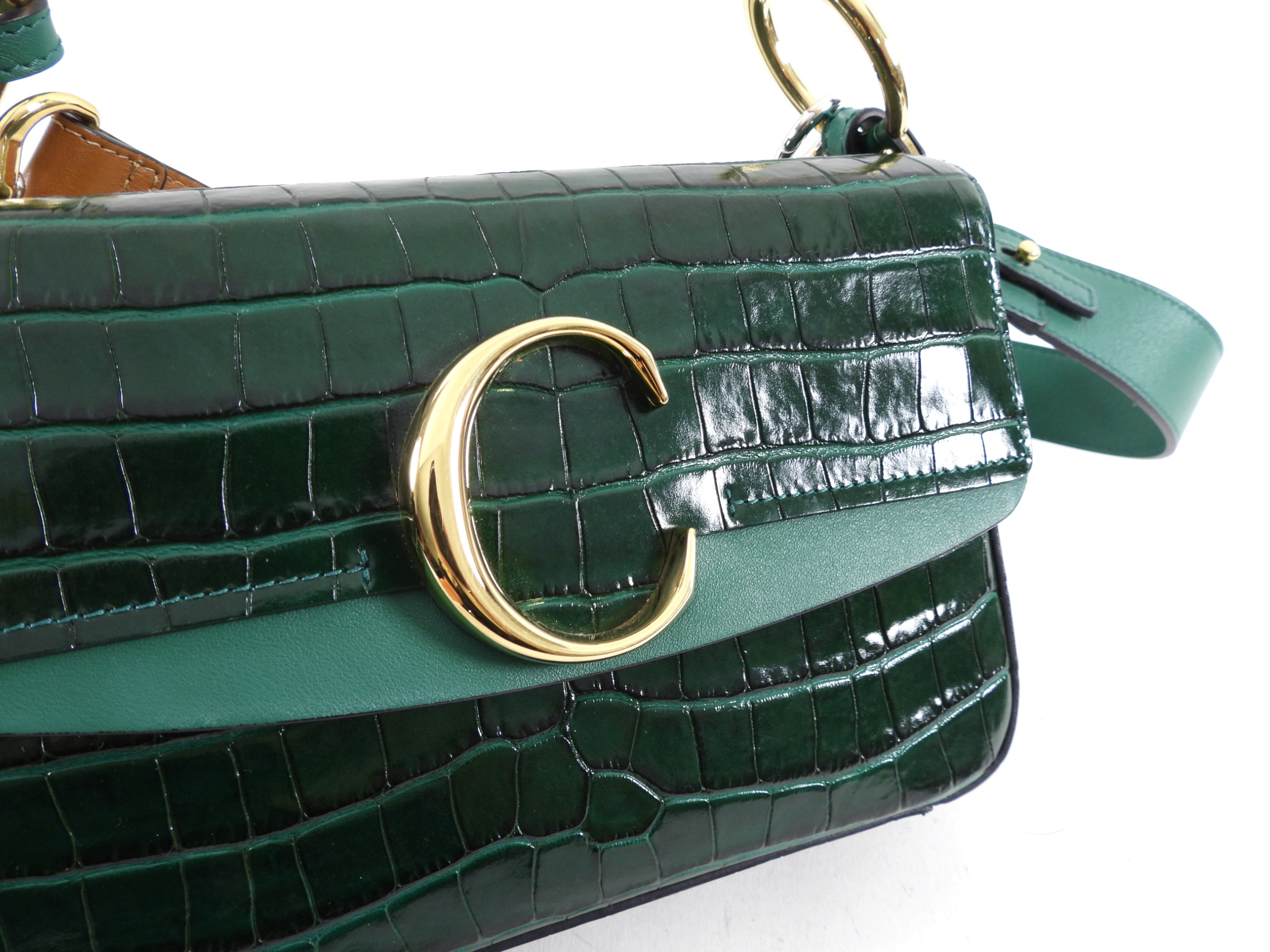 Chloe Green Croc-Embossed C Two-Way Flap Crossbody Bag - Stylish Handbag for Women, Perfect for Work, Travel & Evening Out