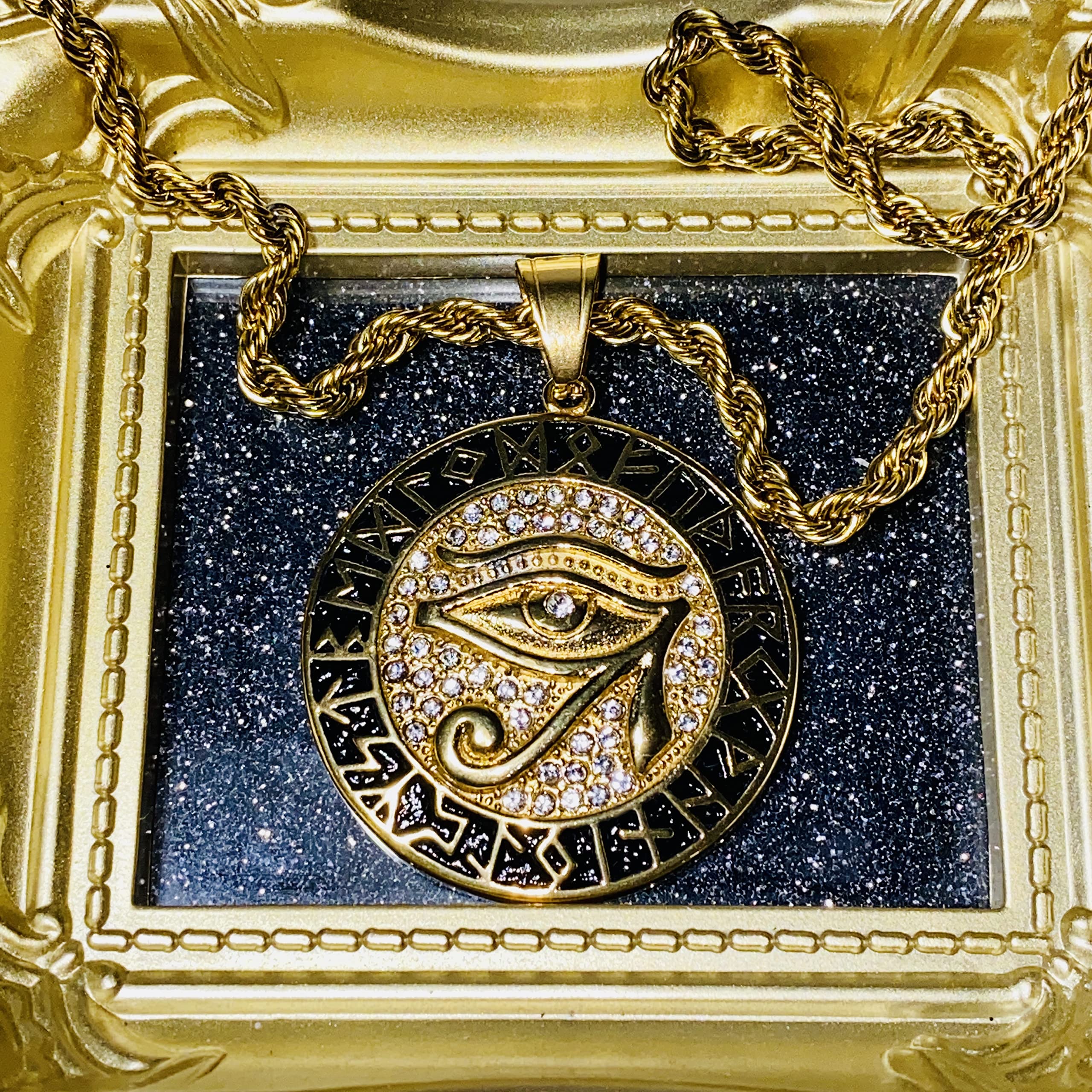 Egyptian Eye of Horus Evil Eye Protection Necklace - 14K Gold Finish Stainless Steel Pendant with 3mm Rope Chain for Men & Women | Spiritual Jewelry, Gift for Protection, Meditation & Fashion Accessory