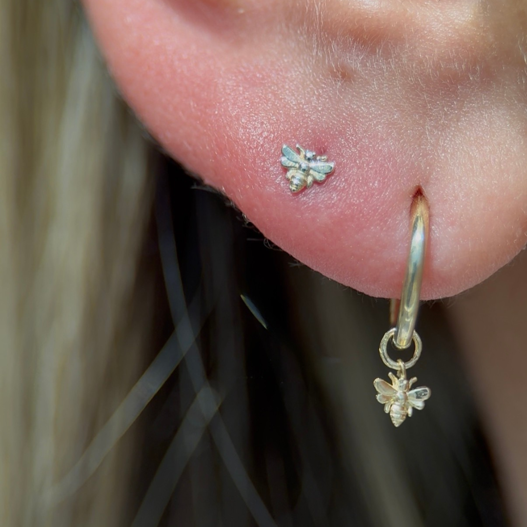 Minimalist Bee Flat Back Stud Earrings in Solid 14k Yellow Gold - Dainty Jewelry for Everyday Wear, Gifts & Special Occasions
