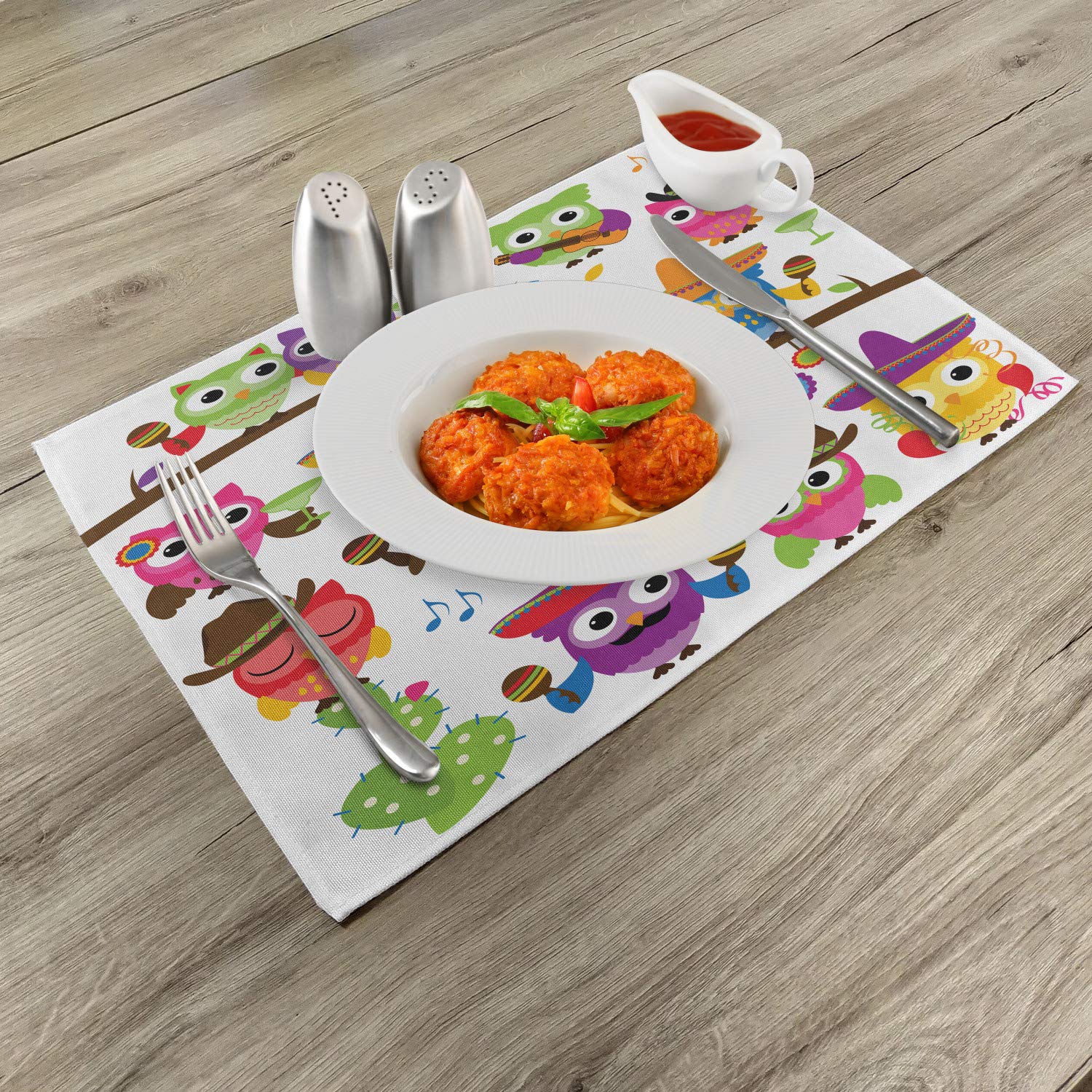 Lunarable Owls Place Mats Set of 4 - Cowboy Cowgirl Animal Print with Hats, Guitars & Cactus Design - Washable Fabric Dining Table Mats for Cinco de Mayo & Western Theme Decor - Standard Size (Red/Orange) - Perfect for Mexican Fiesta Parties, Western Dinners & Kitchen Table Settings
