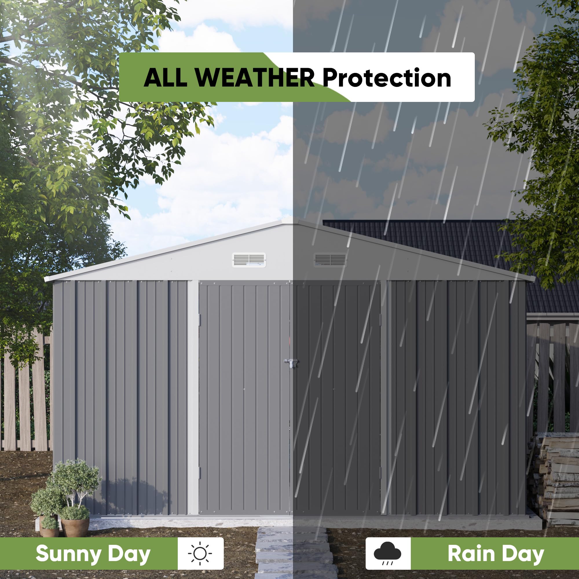 Patiowell 10x10 Feet Metal Storage Shed - Heavy Duty Steel Outdoor Utility Shed with Lockable Doors for Garden Tools, Lawn Equipment & Backyard Organization (Grey) - Perfect for Patio, Yard & Garage Storage Solutions