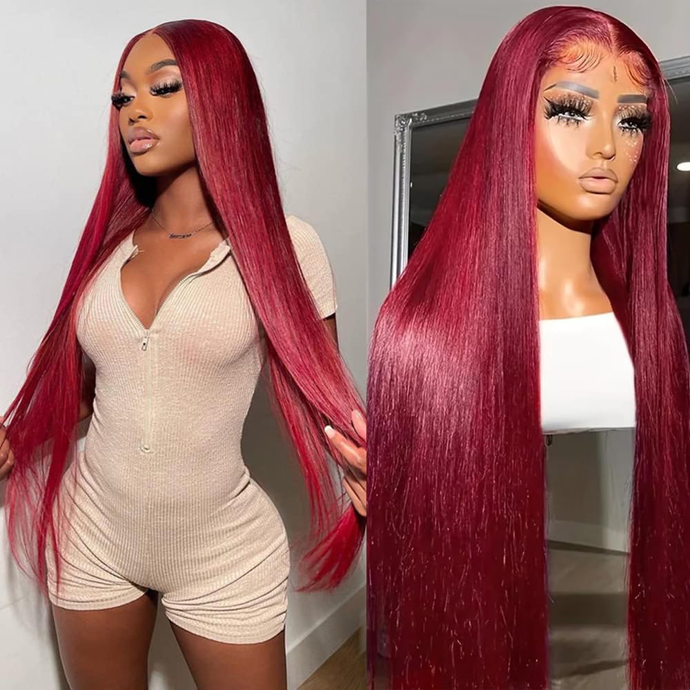 99J Burgundy Lace Front Wigs Human Hair 13x4 Straight Lace Frontal Wigs - Pre Plucked Wine Red Colored 30 Inch 180% Density Wigs for Women | Perfect for Parties, Weddings, Cosplay & Daily Wear