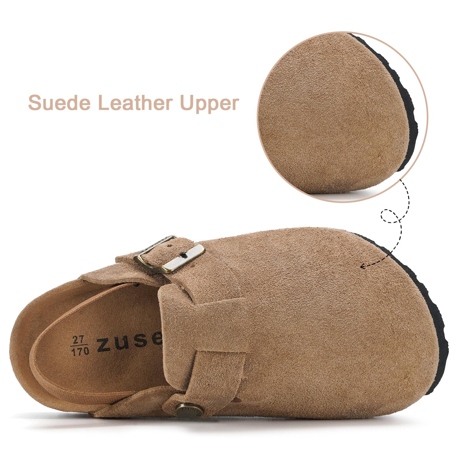 **ZUSERIS Kids Suede Clogs for Toddlers - Adjustable Buckle Leather Slip-On Mules with Cork Footbed - Comfortable Sandals for Boys & Girls | Perfect for Playtime, School & Outdoor Adventures**