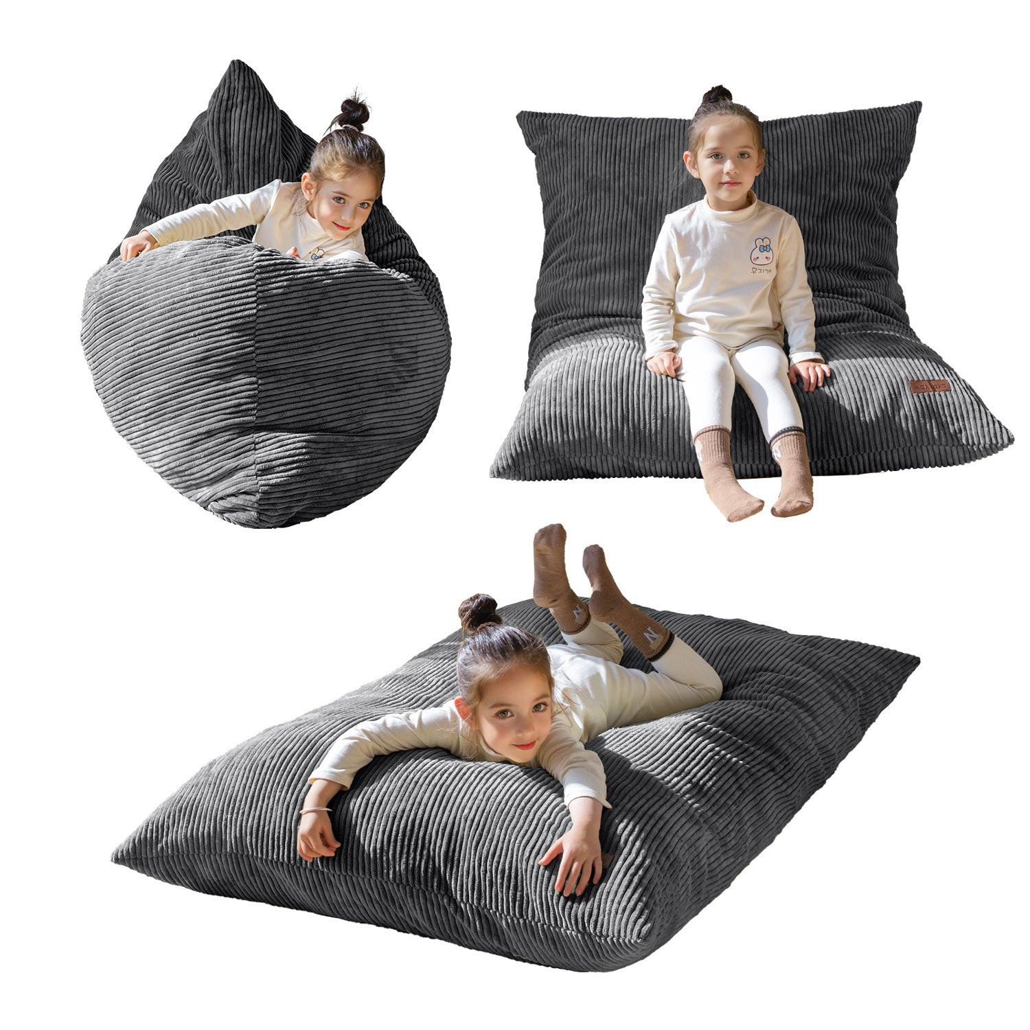 MAXYOYO 3-in-1 Kids Convertible Bean Bag Chair & Bed - Dark Grey Floor Sofa for Children's Gaming, Reading & Nap Time | Perfect for Playroom, Nursery & Dorm Room