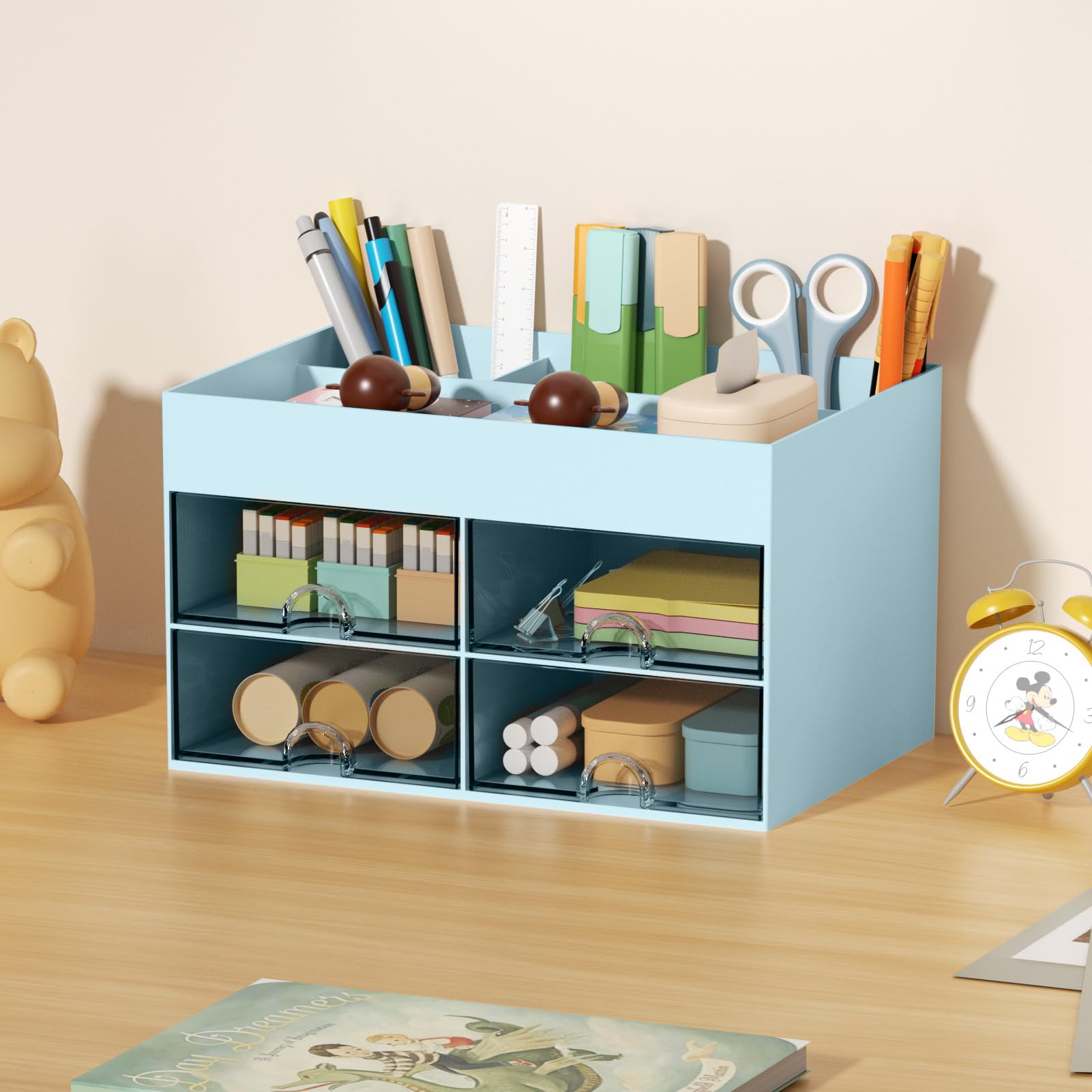 Marbrasse 4-Drawer Pen Organizer & Pencil Holder - Multi-Functional Desk Organizer with 4 Compartments for Office, School & Art Supplies - Perfect for Home, Office & Classroom Organization (Blue)
