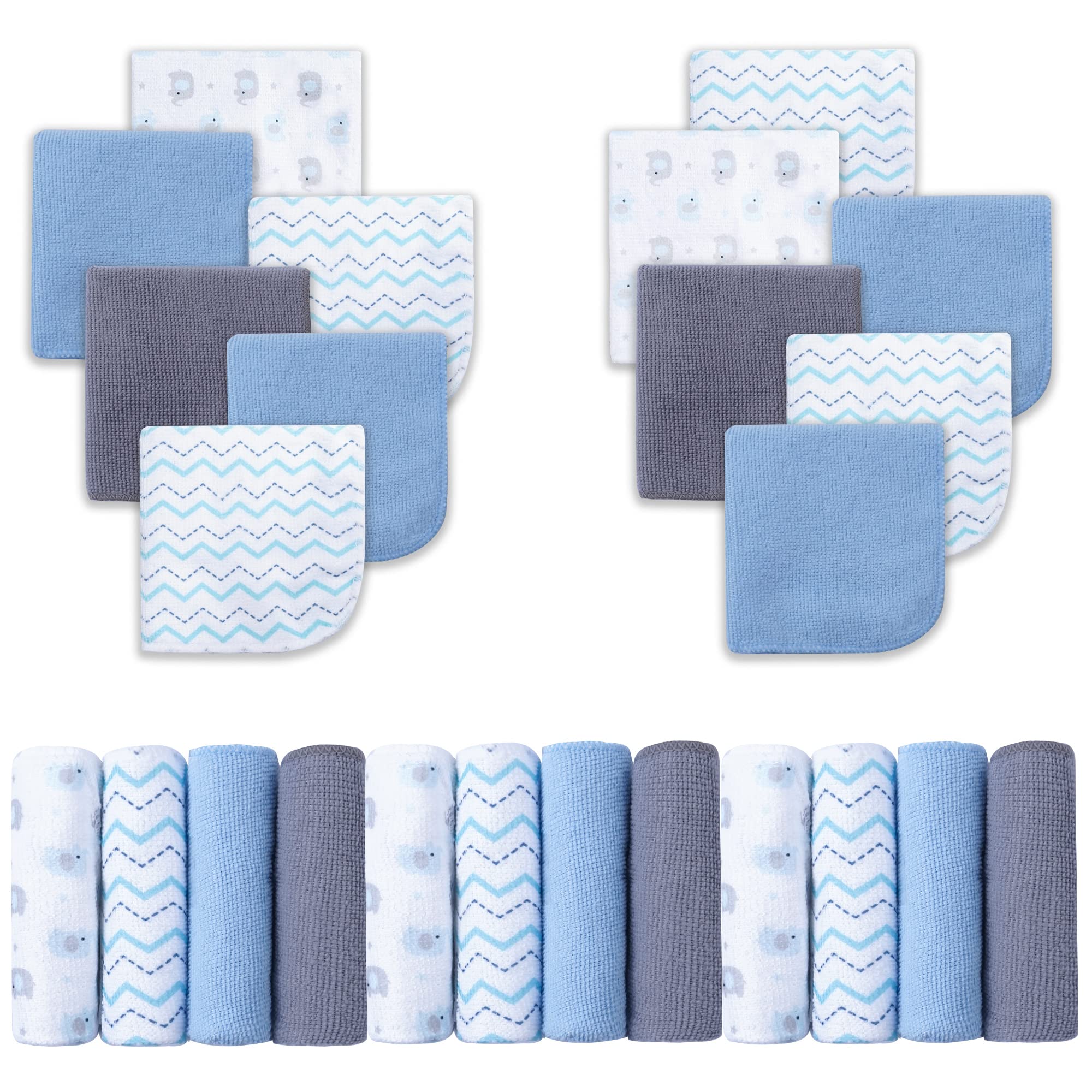 Viviland 24-Pack Super Soft Baby Washcloths for Newborns & Infants | Gentle Absorbent Bath Towels & Face Washcloths for Boys & Girls | Sensitive Skin Safe | 9x9 Inch Blue Elephant Design | Perfect for Bath Time, Diaper Changes & Gentle Skin Care