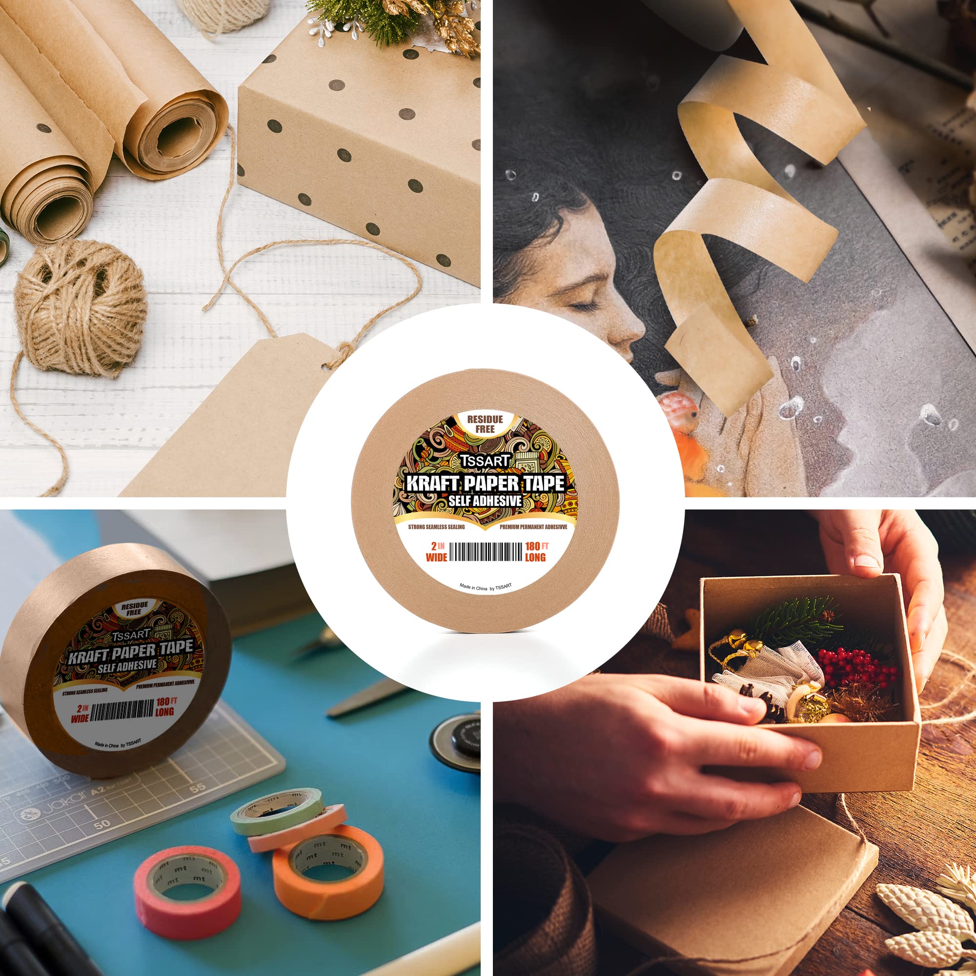 Kraft Paper Tape - 2 Inch Wide 180FT Long Self-Adhesive Brown Packing Tape for Picture Framing, Masking, Sealing & Packaging | Oxidation Resistant & Durable | Perfect for Arts & Crafts, Shipping Boxes & Home Organization
