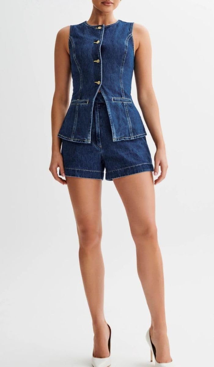 Women's Denim 2-Piece Outfit - Sleeveless Jean Blazer Vest & Shorts Set for Casual & Business Wear | Summer Street Style & Office Outfit