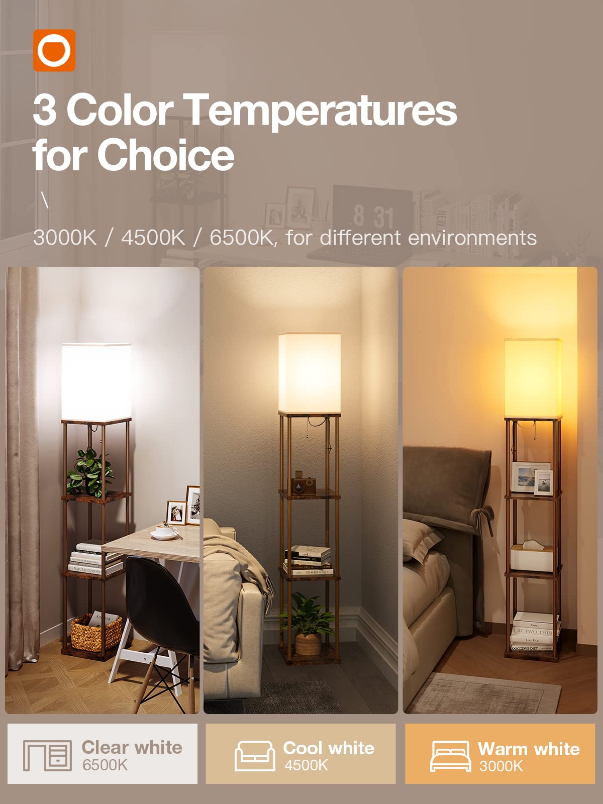 Addlon 4-Tier Modern Shelf Floor Lamp with 3CCT LED Bulb - Adjustable Brightness, Brown Wooden Display Lamp for Living Room, Bedroom, Office - Perfect for Reading, Decor & Space Saving Storage