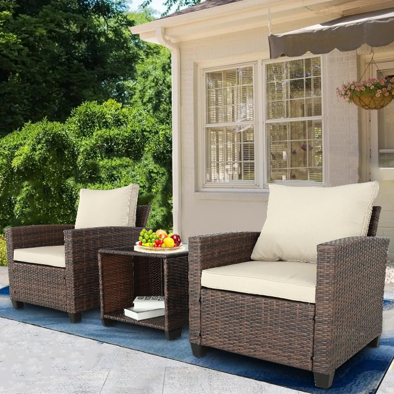3-Piece Patio Furniture Set - PE Rattan Wicker Outdoor Sofa with Washable Cushions & Tempered Glass Table - Perfect for Balcony, Garden, Poolside (Brown-Gray) | Durable Weather-Resistant Outdoor Seating for Relaxation & Entertainment
