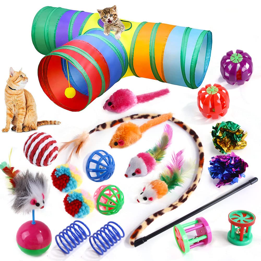 20 PCS Interactive Cat Toys Set for Indoor Kittens - Includes Cat Tunnel, Balls, Crinkle Toys, Wand & Mouse (T-Shape) - Perfect for Playtime, Exercise & Bonding with Your Feline Friend