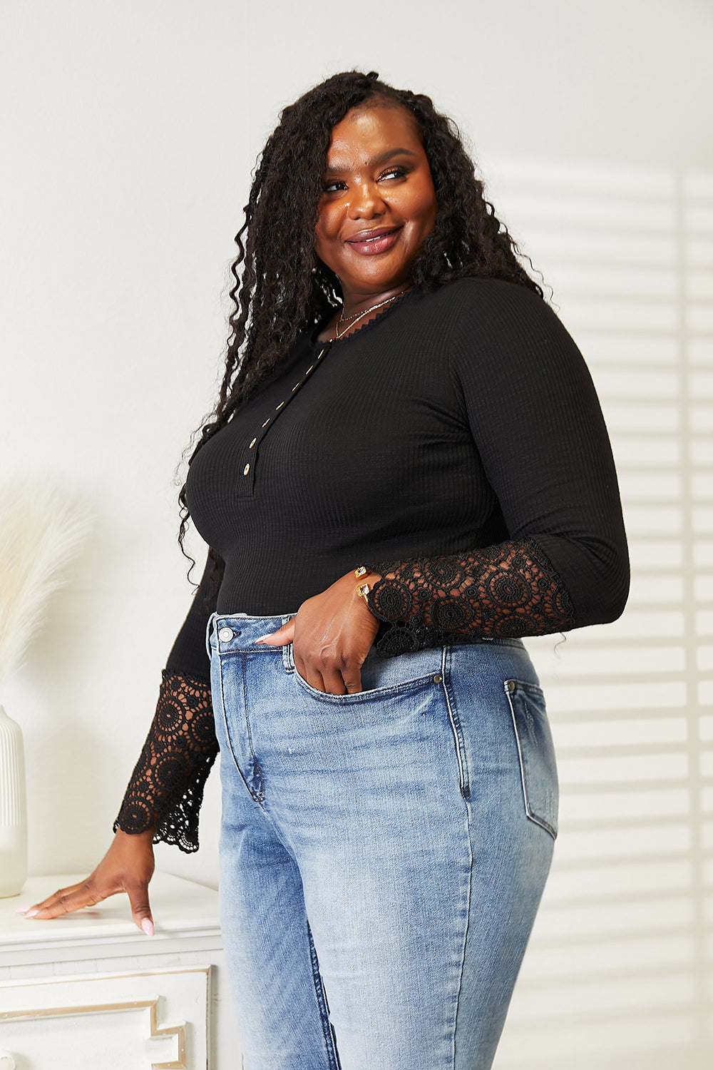 Elegant Black Crochet Lace Hem Sleeve Button-Down Blouse for Women | Perfect for Office Wear, Date Nights & Summer Outfits