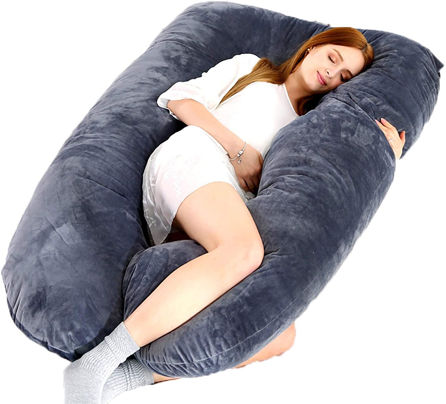 Green U-Shaped Pregnancy Pillow for Full Body Support - Soft Maternity Pillow with Removable Washable Cotton Cover - Perfect for Sleeping, Nursing & Back Pain Relief During Pregnancy
