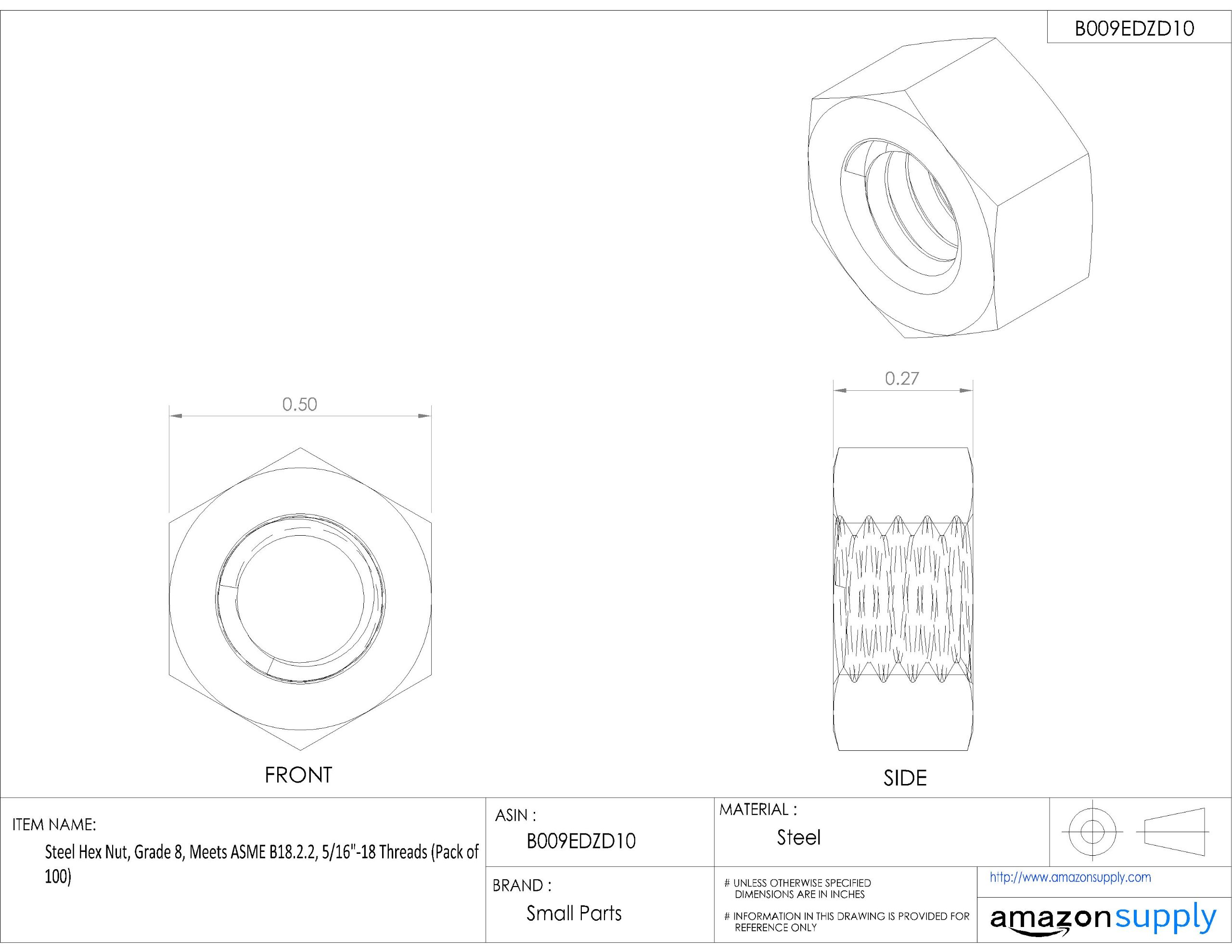 High-Strength Grade 8 Steel Hex Nut, 1/4