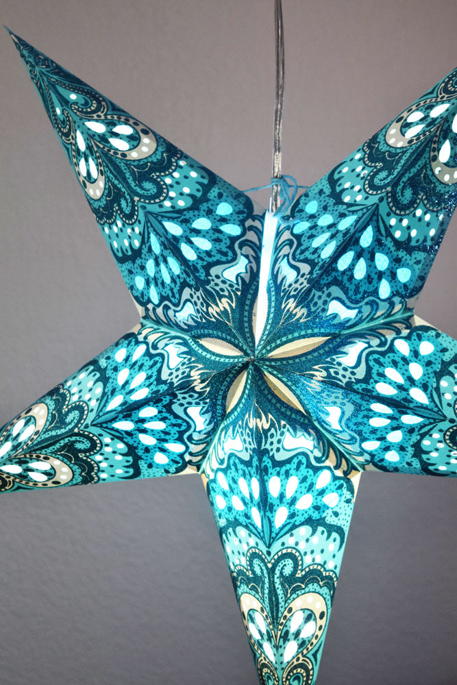 24 Pack Turquoise Blue Heart's Desire Glitter Paper Star Lanterns - Hanging Party Decorations for Wedding, Birthday, Baby Shower & Home Decoration