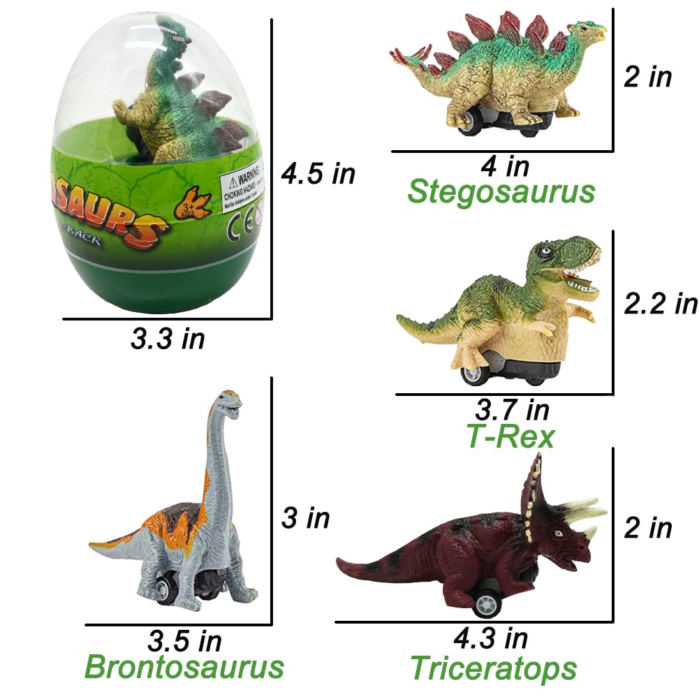 Dinosaur Pull Back Cars Toys - 4 Pcs Jumbo T-Rex & Triceratops Prefilled Easter Eggs for Kids | Basket Stuffers, Party Favors, Birthday Gifts for Boys & Girls | Perfect for Easter Celebrations, Classroom Rewards & Playtime Fun