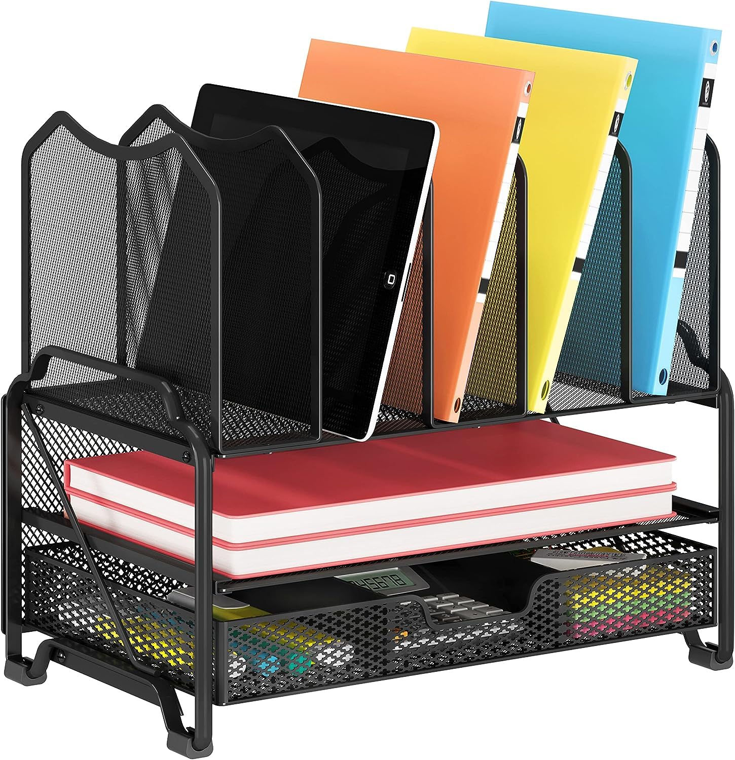 Trending Mesh Desk File Organizer - Black Office Supplies with Sliding Drawer, Double Tray & 5 Upright Sections for Document Storage | Perfect for Home Office, Study Desk & Workspace Organization