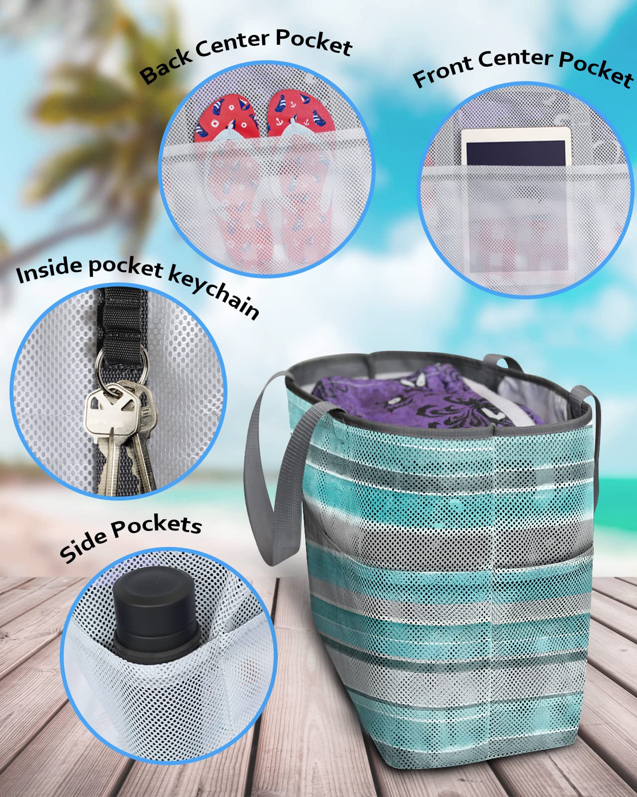 Nordic Abstract Mesh Beach Tote Bag - 60L Oversized Foldable Lightweight Swim Bag with Pockets | Turquoise Gray Gradient Stripes | 24