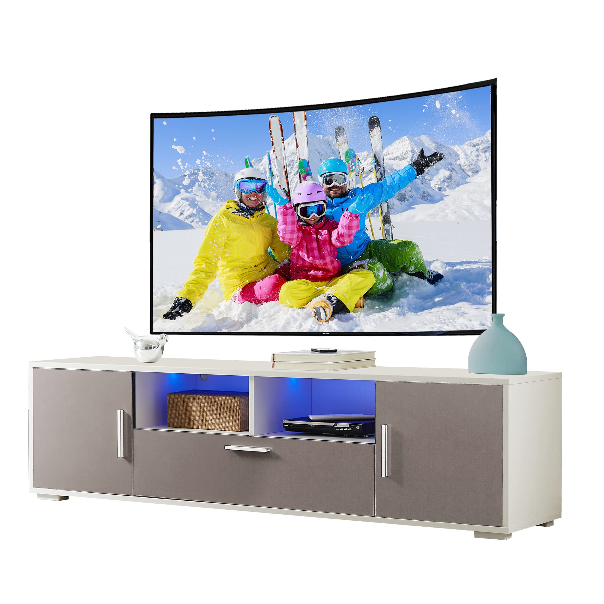 55-70 Inch TV Stand with LED Lights & Storage Drawers - Modern Wood Entertainment Center for Living Room & Bedroom, Gray/White - Perfect for Home Theater Setup & Stylish Home Decor