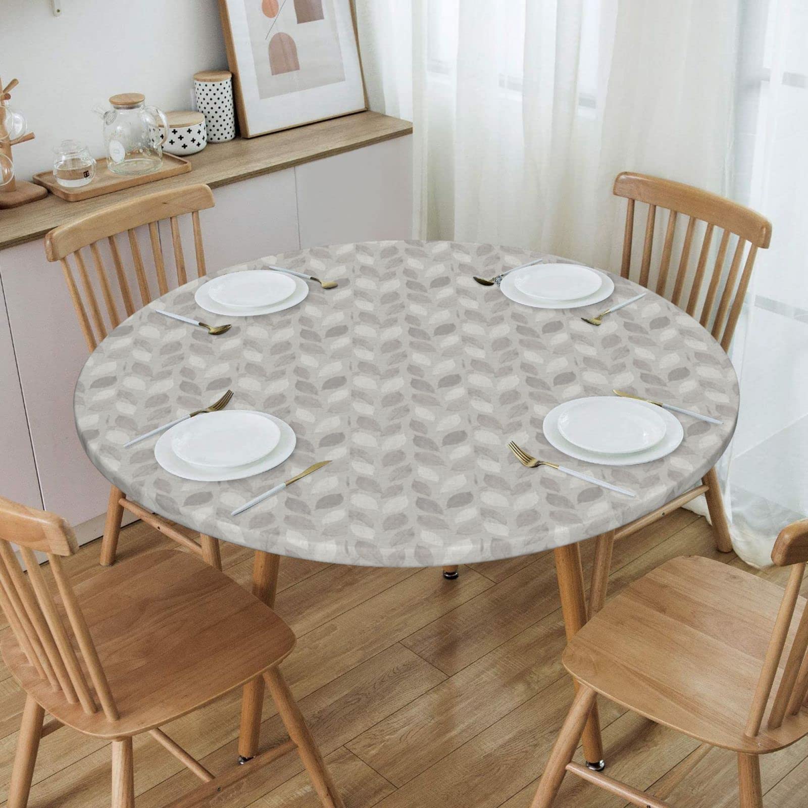 Waterproof Wipeable Elastic Edged Round Fitted Tablecloth - Grey Leaves Print for 40
