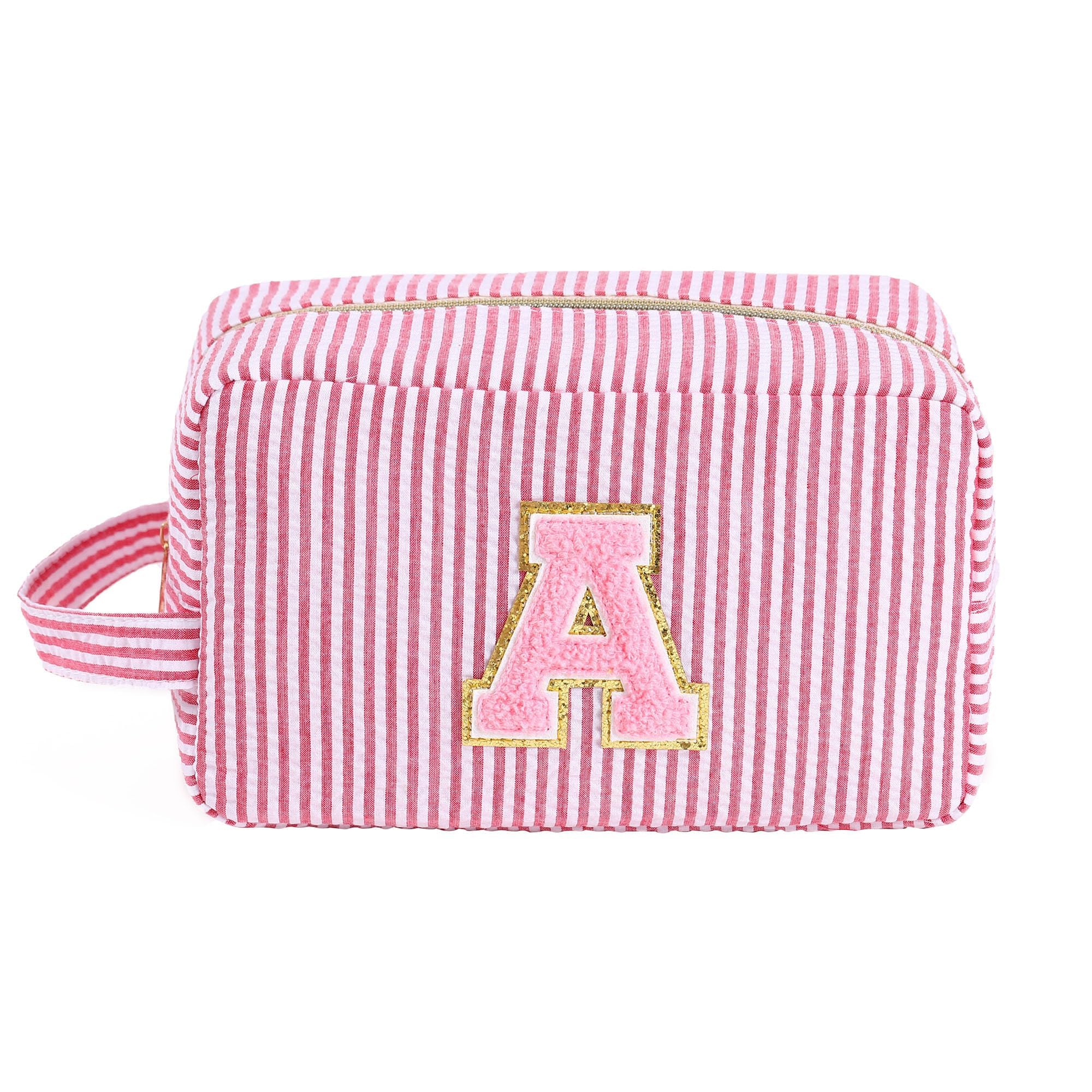 Personalized Monogrammed Initial Makeup Bag - Custom Preppy Striped Toiletry Pouch for Teen Girls | Perfect Birthday Gift for Her | Great for Travel, School & Cosmetics Storage (Pink)