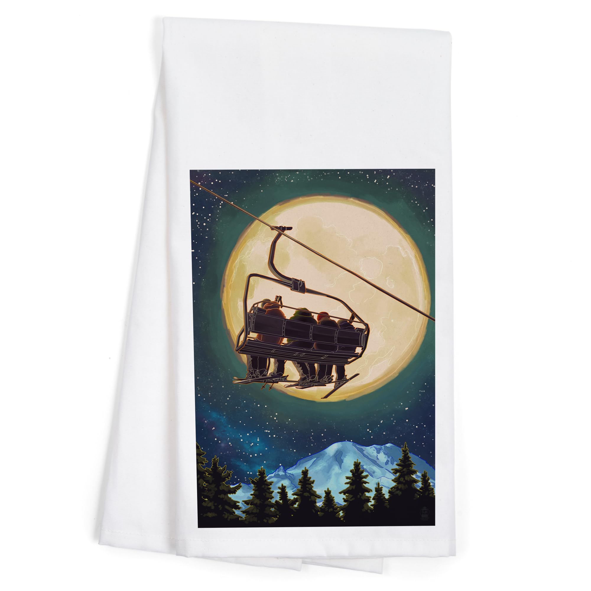 Lantern Press Ski Lift and Full Moon Cotton Tea Towel - 100% Soft Absorbent Kitchen Hand Towel, Decorative Home Dish Towel for Cooking, Drying Dishes & Cozy Cabin Decor