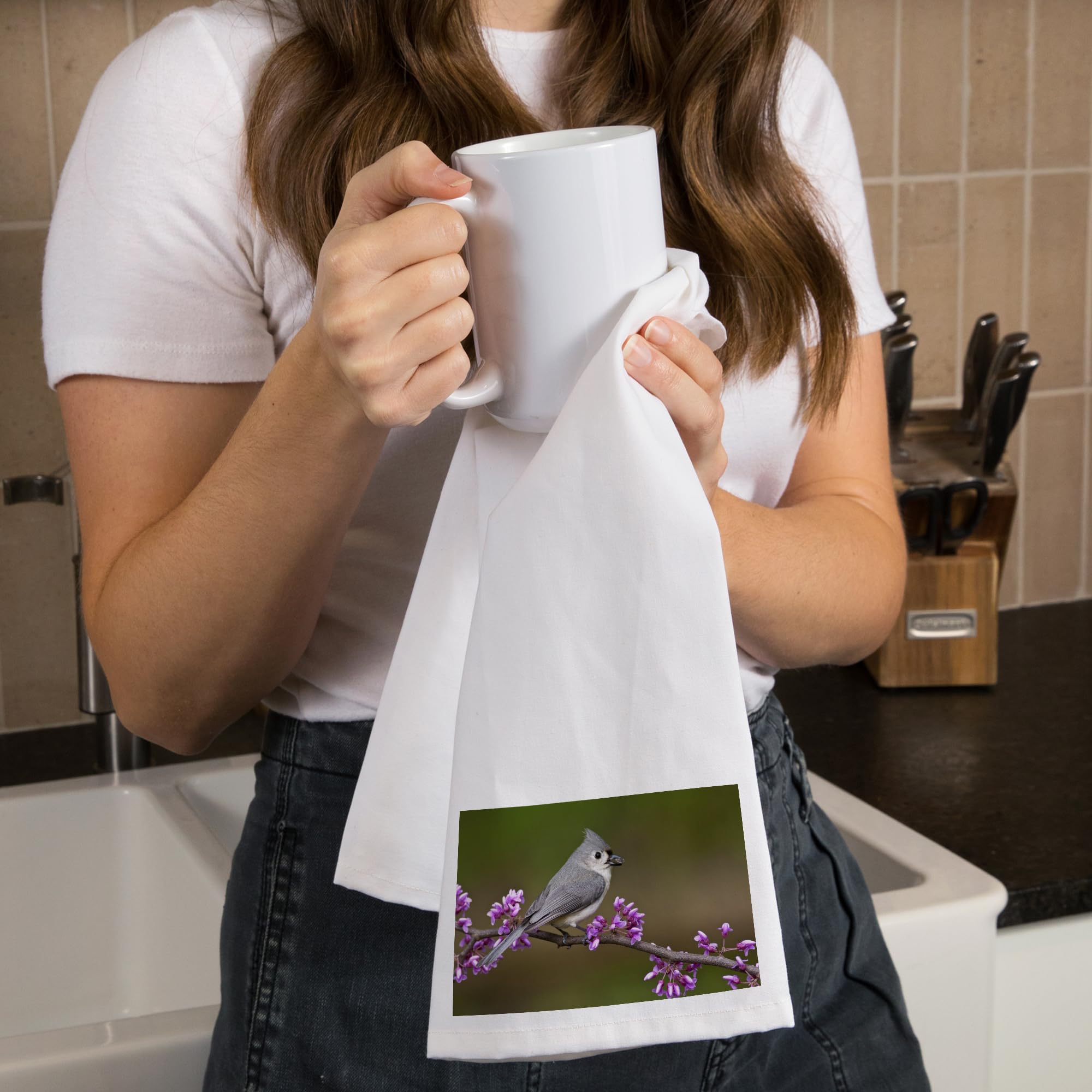 Lantern Press Tufted Titmouse Sitting on Branch - 100% Cotton Tea Towel & Decorative Hand Towel for Kitchen, Bathroom & Home Decor | Perfect for Dish Drying, Gift Giving & Farmhouse Style Decor
