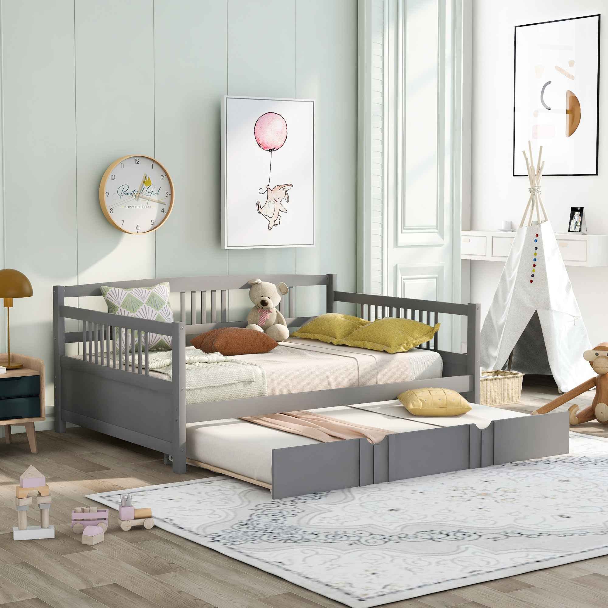 ATY Full Size Daybed with Twin Trundle - Solid Wood Bed Frame, Multi-Functional Sofa Bed with Safety Guardrails & Slat Support - Space Saving Design, No Box Spring Needed - Gray - Perfect for Guest Rooms, Small Apartments & Home Offices