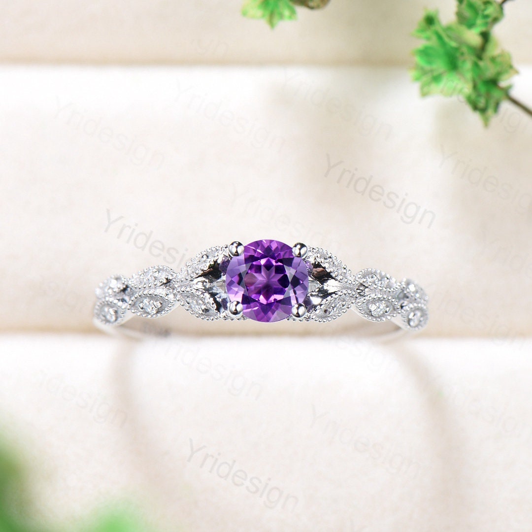 14K White Gold Amethyst Engagement Ring for Women - Dainty Art Deco Promise Ring with February Birthstone | Perfect for Bridal, Valentine's Day & Anniversary Gifts