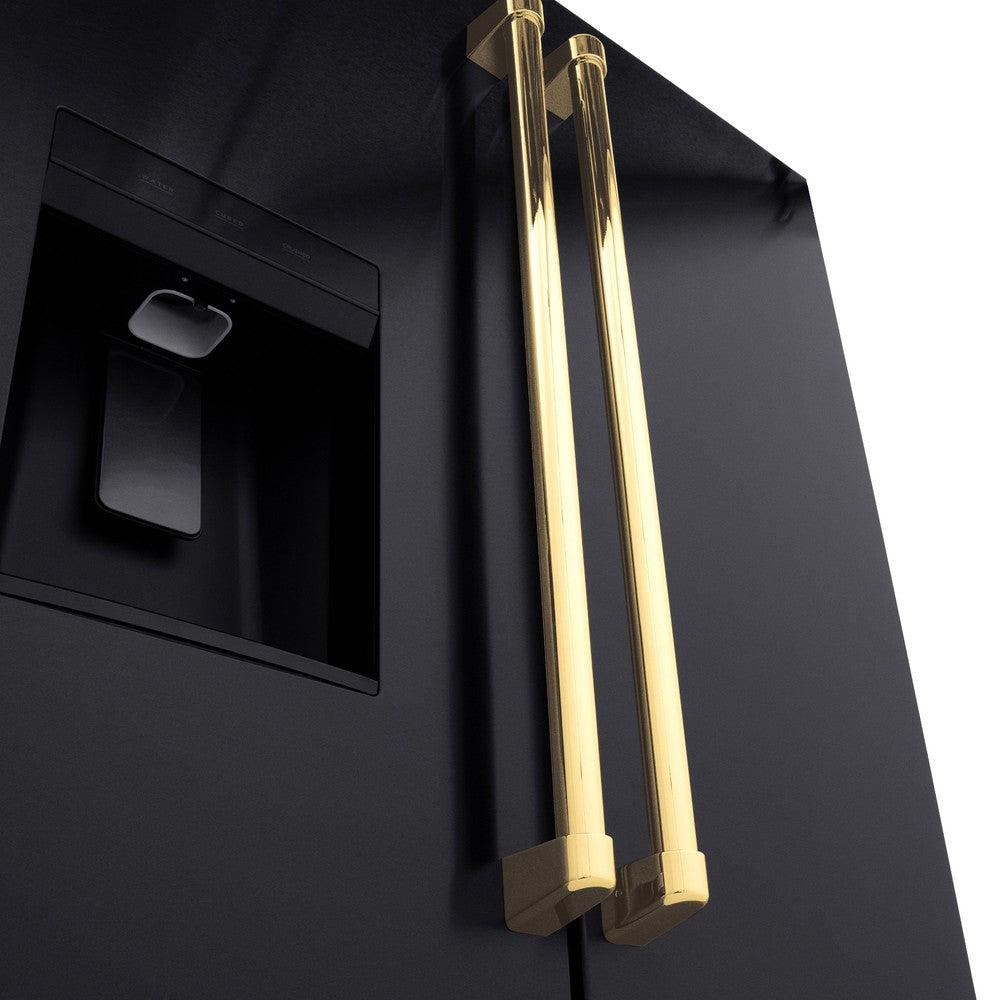 ZLINE Autograph Edition 36 Inch French Door Refrigerator - 28.9 cu ft Capacity, External Water Dispenser, Dual Ice Maker, Fingerprint Resistant Black Stainless Steel with Polished Gold Handles (RSMZ W 36 BS G) - Perfect for Modern Kitchens, Entertaining & Large Family Storage