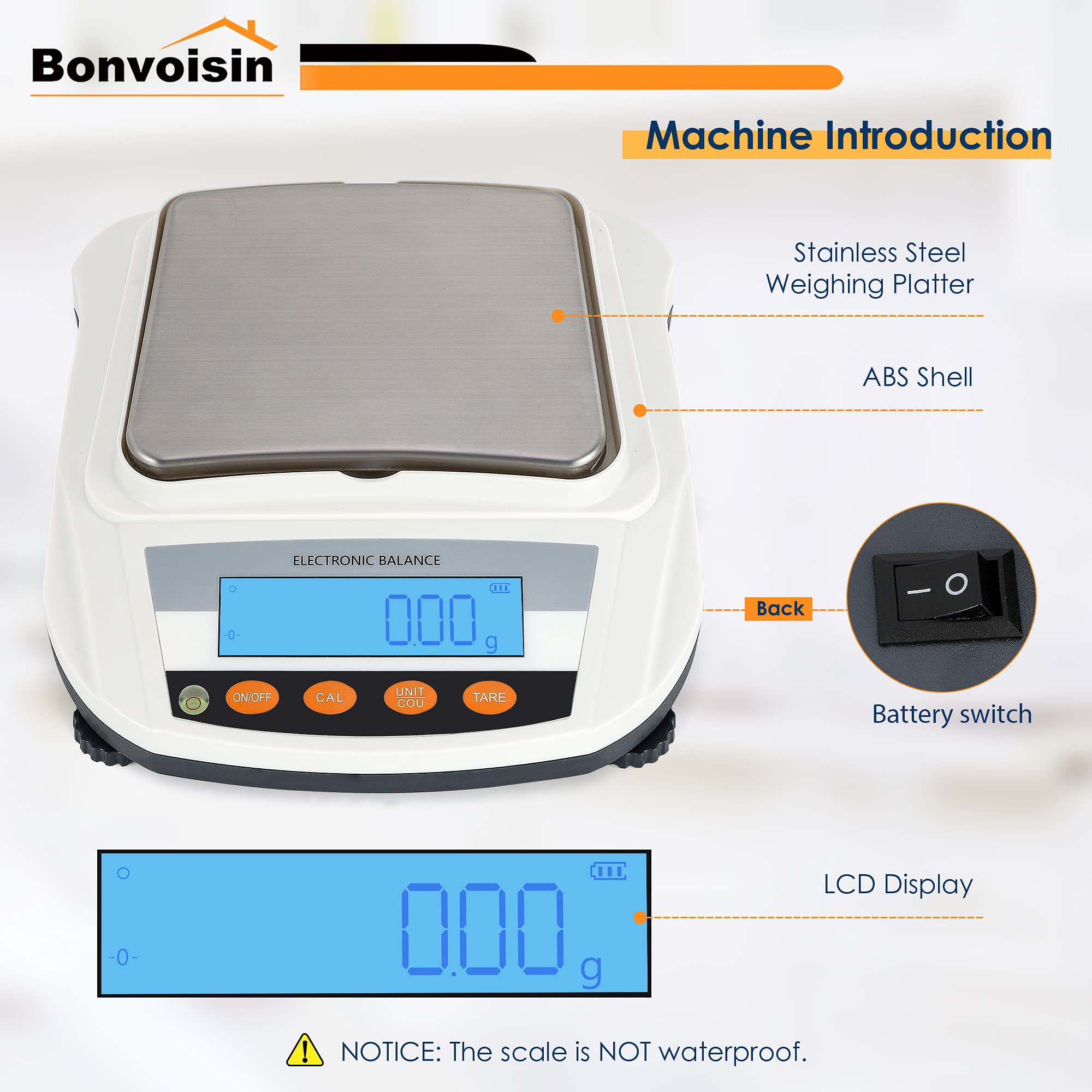 Bonvoisin 3000g x 0.01g Precision Electronic Lab Scale - Rechargeable Digital Analytical Balance for Laboratory, Jewelry, Food & Scientific Measurements | Perfect for Weighing Chemicals, Gold, Coffee & Small Items
