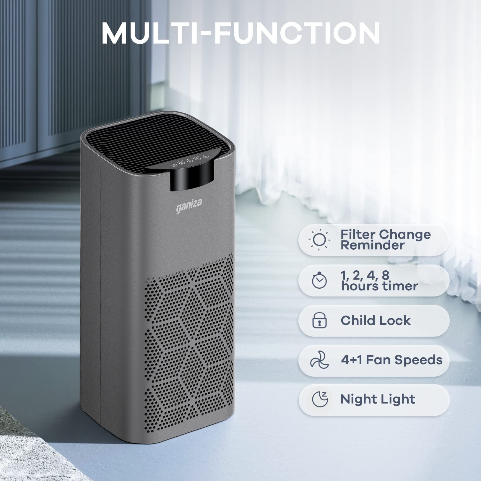 Ganiza H13 True HEPA Air Purifier for Large Rooms up to 1570ft² - Ultra Quiet 23dB Bedroom Air Cleaner with Pet Hair Filter - Perfect for Home, Office and Nursery Use